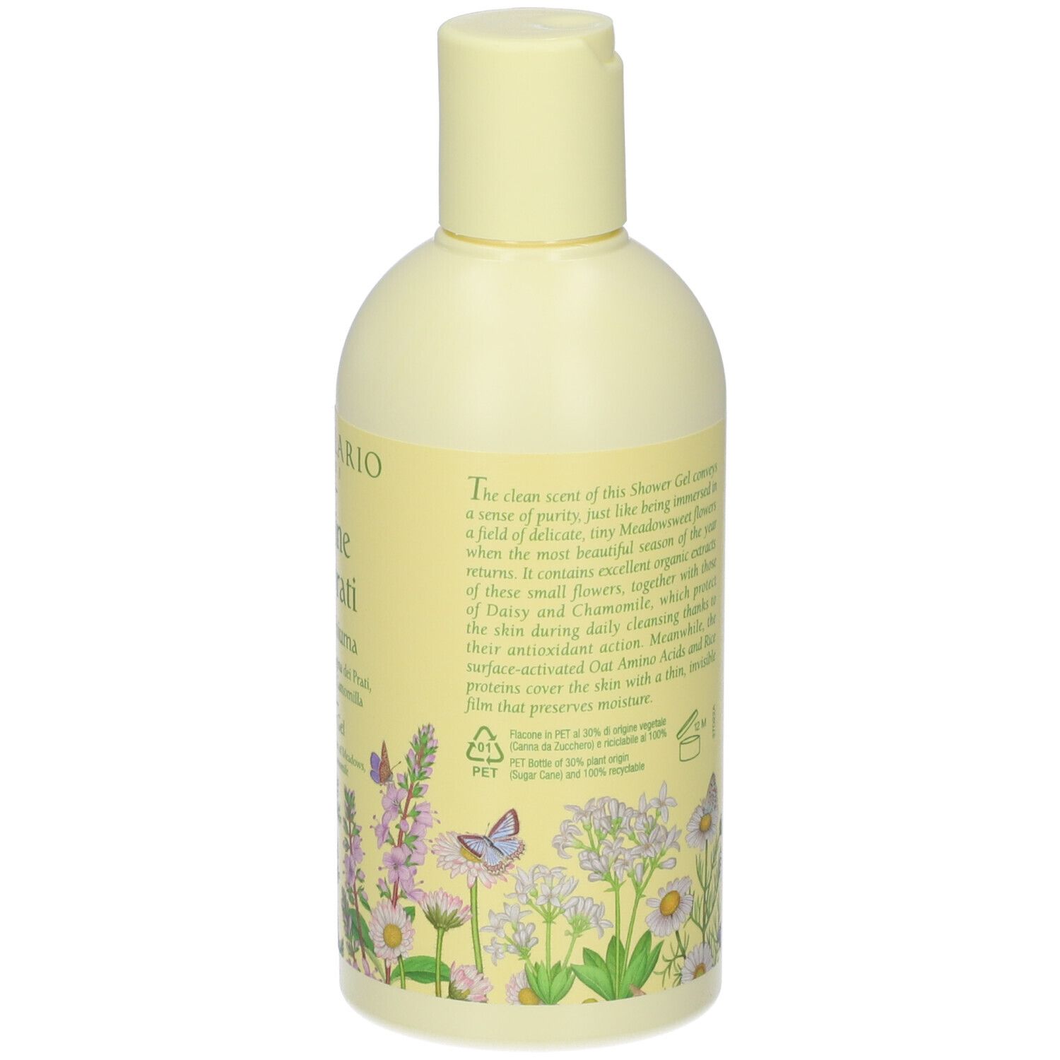 Rückseite der gelben Flasche. Text und Abbildungen von Blumen und Schmetterlingen.