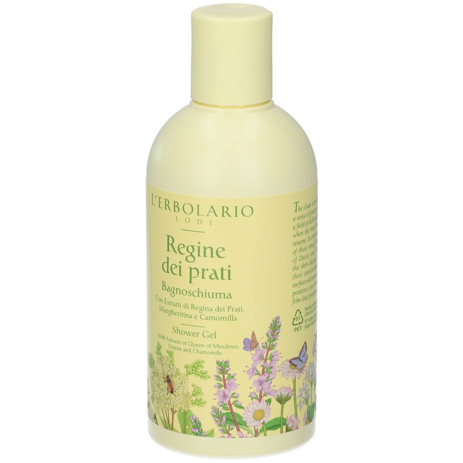 Gelbe Flasche. Aufschrift: L'Erbolario, Regine dei prati. Abbildung von Blumen und Schmetterlingen.