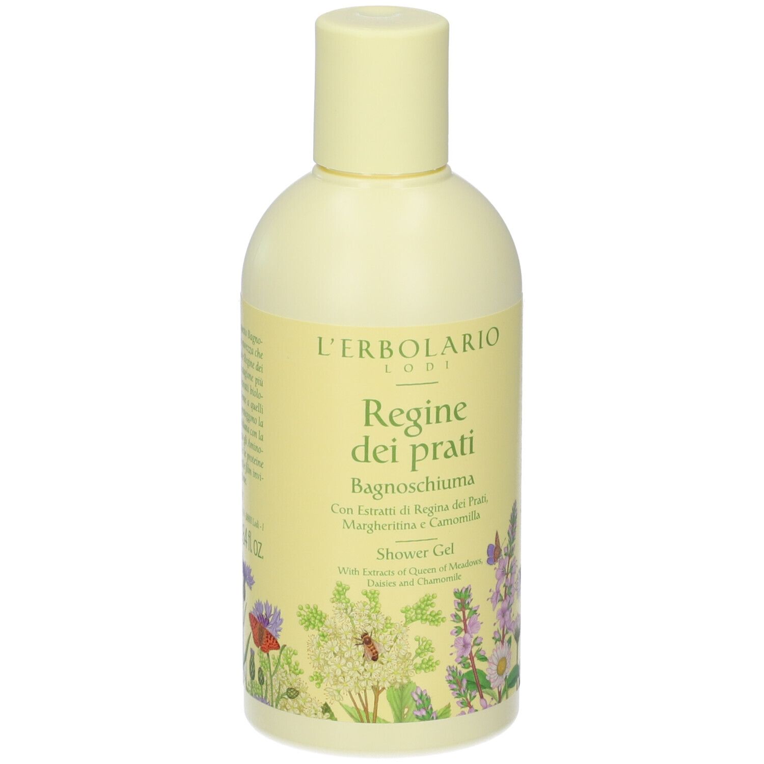 Gelbe Flasche. Aufschrift: L'Erbolario, Regine dei prati. Abbildung von Blumen und Schmetterlingen.