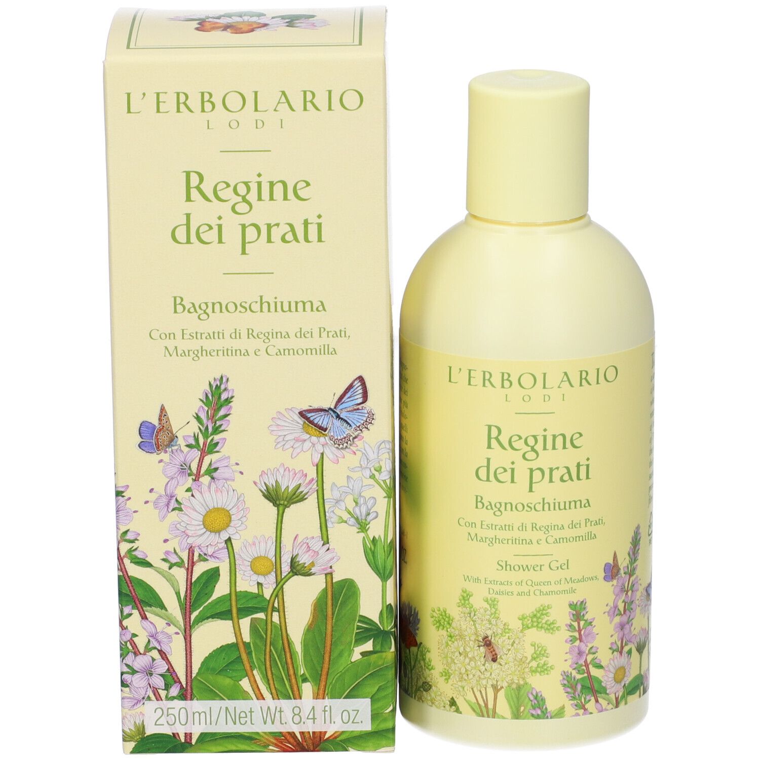 Gelbe Flasche und Schachtel. Aufschrift: L'Erbolario, Regine dei prati. Abbildung von Blumen und Schmetterlingen.