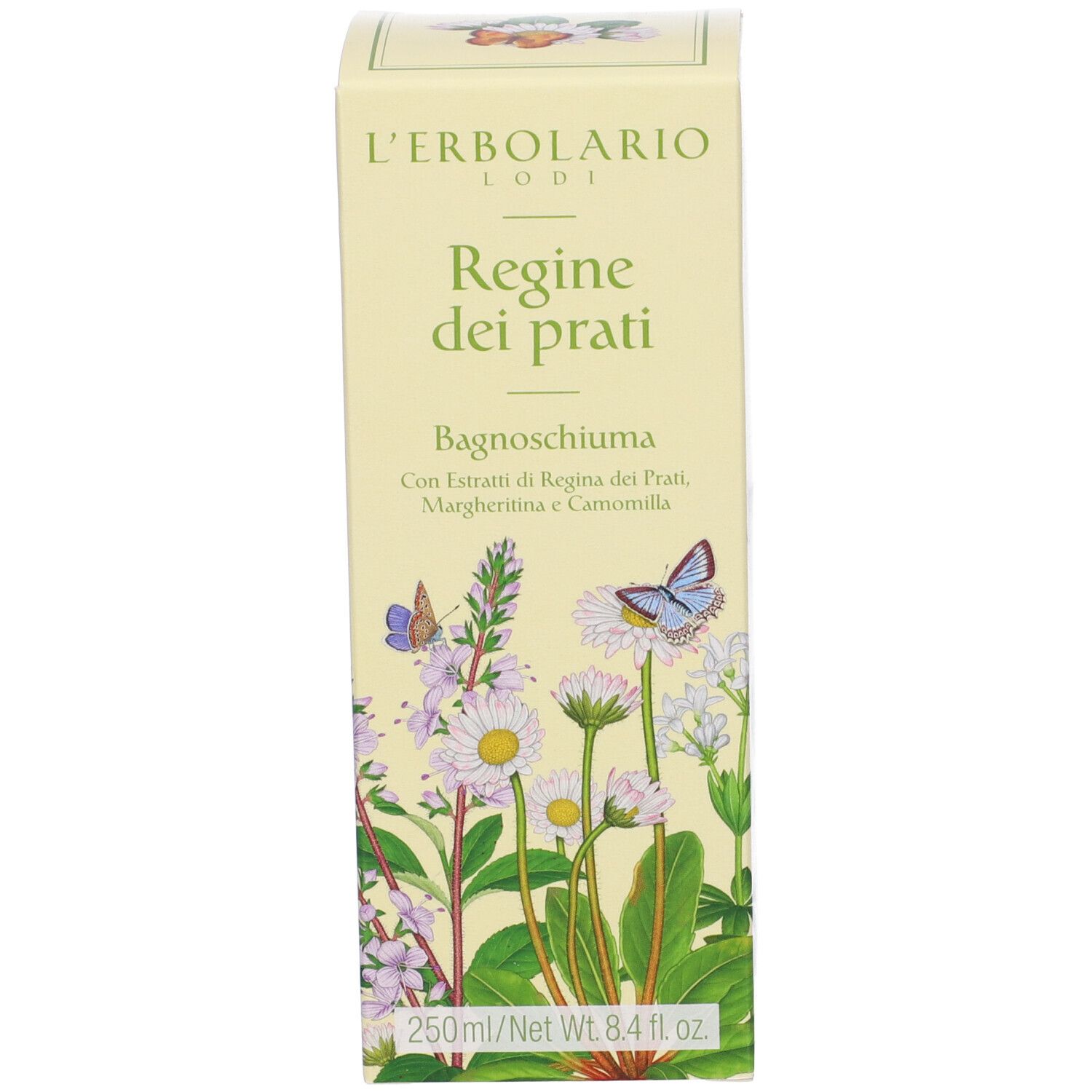 Schachtel. Aufschrift: L'Erbolario, Regine dei prati. Abbildung von Blumen und Schmetterlingen.