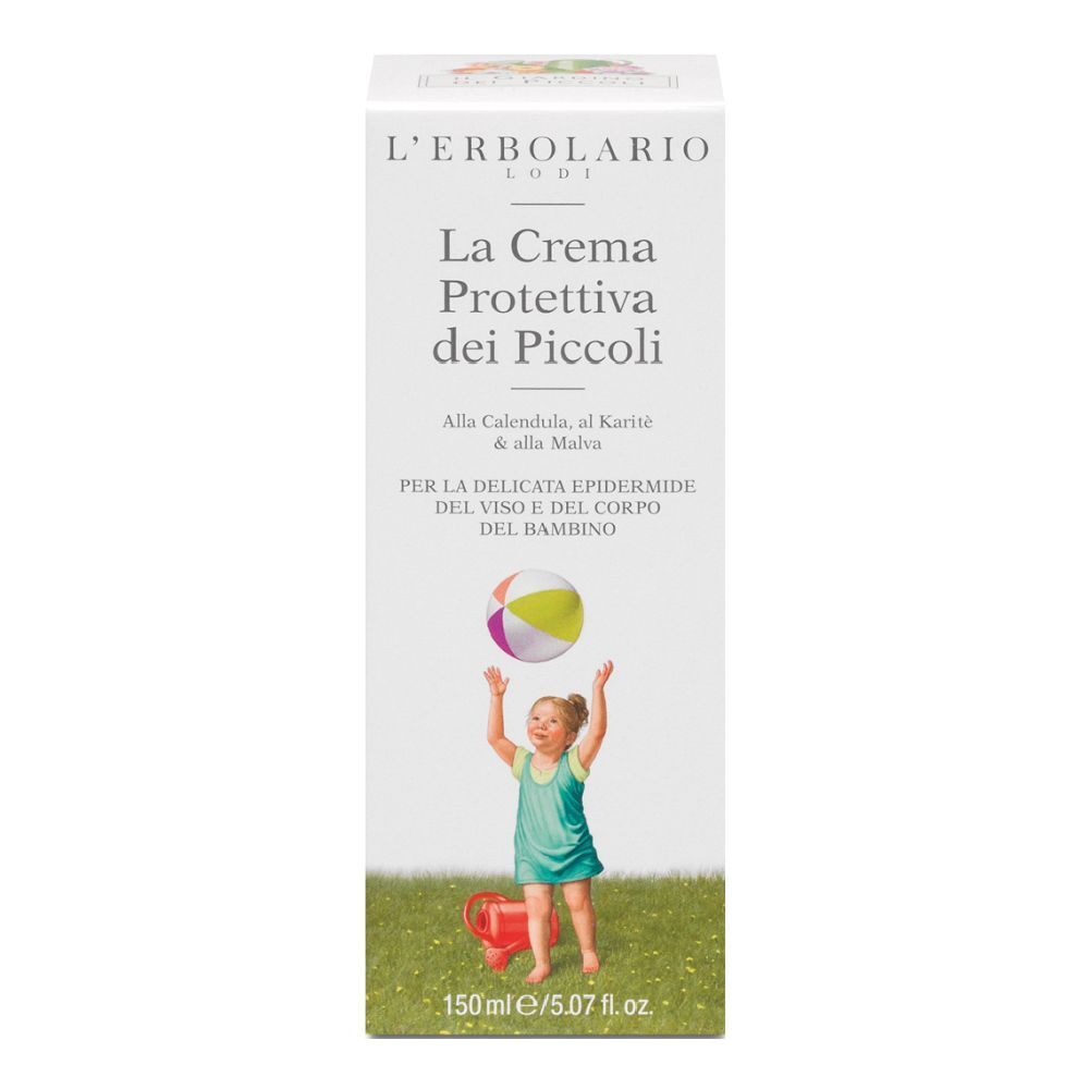 Confezione bianca con nome del prodotto e illustrazione bambino. Testo: La Crema Protettiva dei Piccoli. 150 ml.