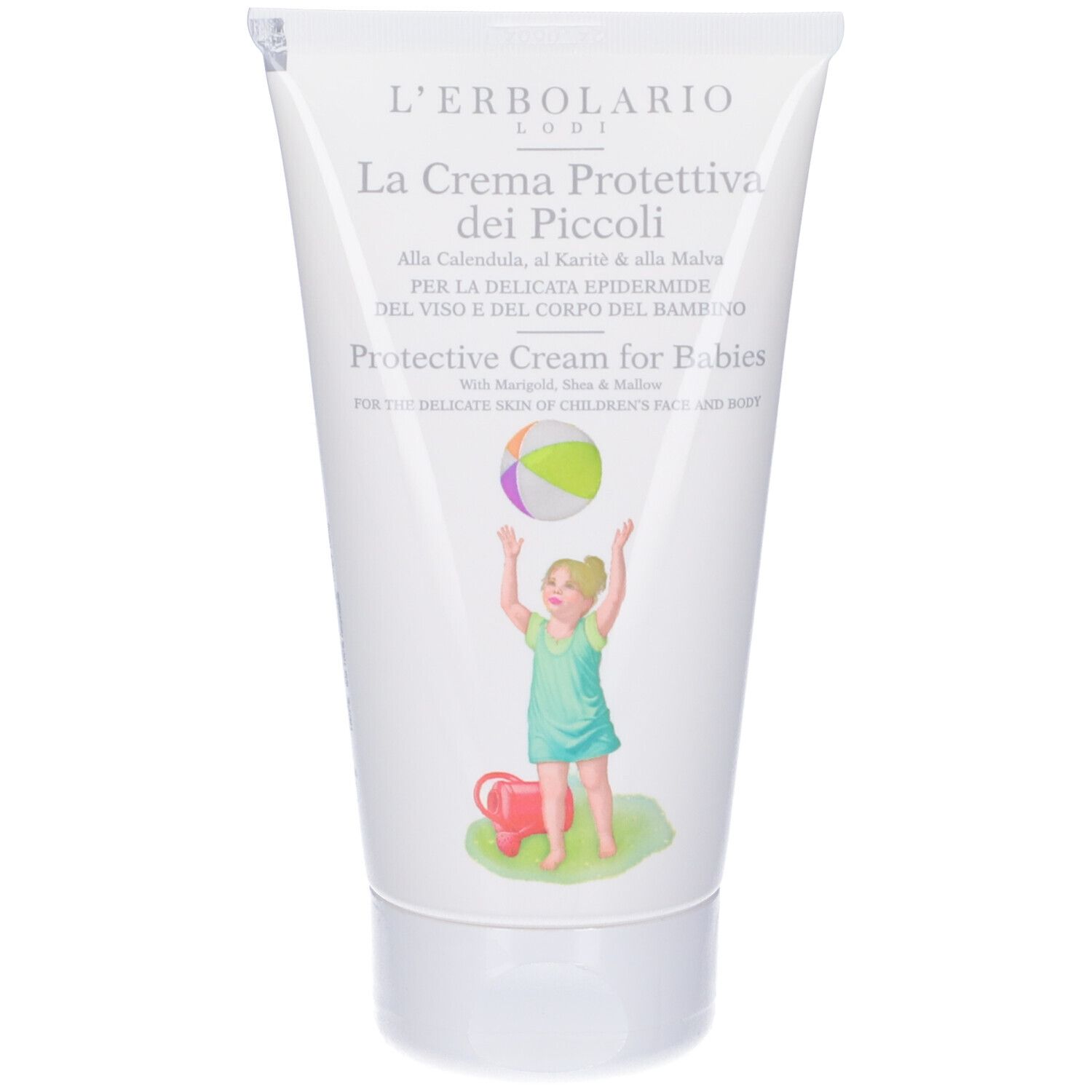 Tubo bianco con nome del prodotto e illustrazione bambino. Testo: La Crema Protettiva dei Piccoli. Protective Cream for Babies.