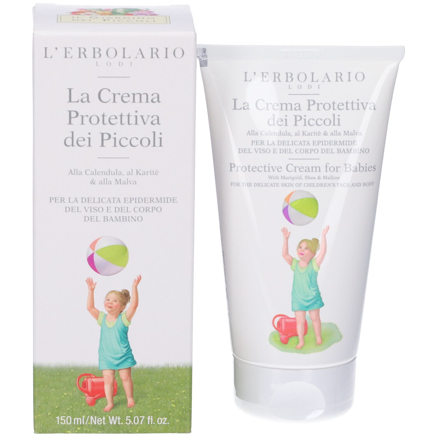 Confezione e tubo affiancati. Entrambi mostrano il nome del prodotto e l'illustrazione del bambino. 150 ml.