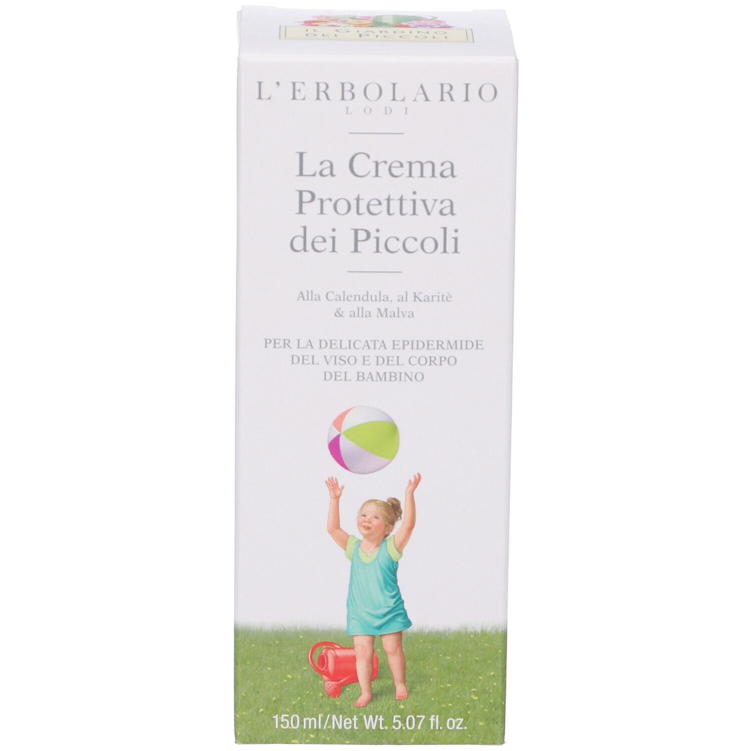 Confezione bianca con nome del prodotto e illustrazione bambino. Testo: La Crema Protettiva dei Piccoli. 150 ml.