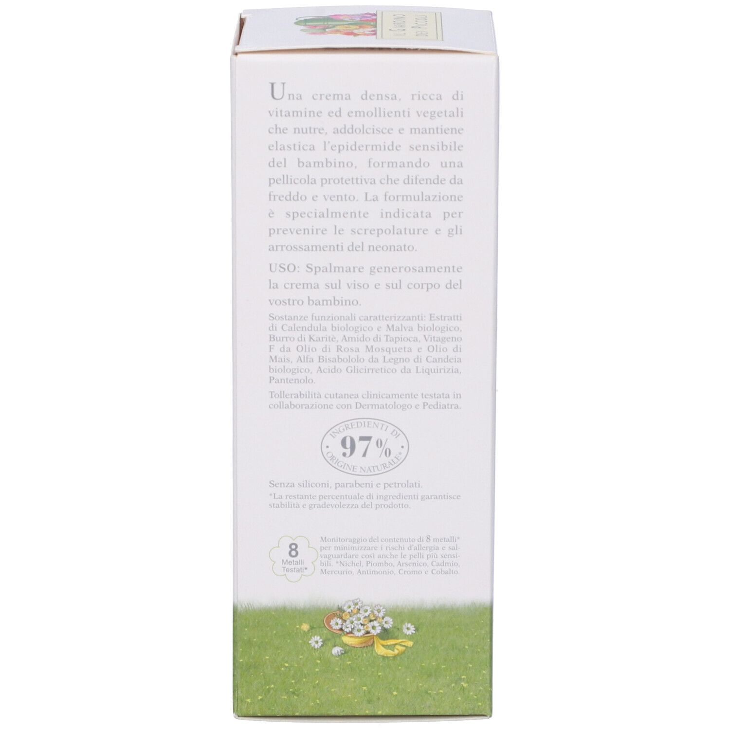 Retro della confezione. Testo: Una crema densa, ricca di vitamine ed emollienti vegetali. 97% ingredienti naturali.