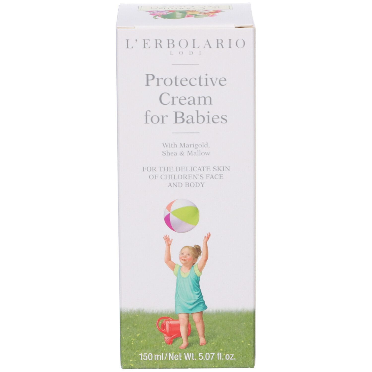 Confezione bianca con nome del prodotto e illustrazione bambino. Testo: Protective Cream for Babies. 150 ml.