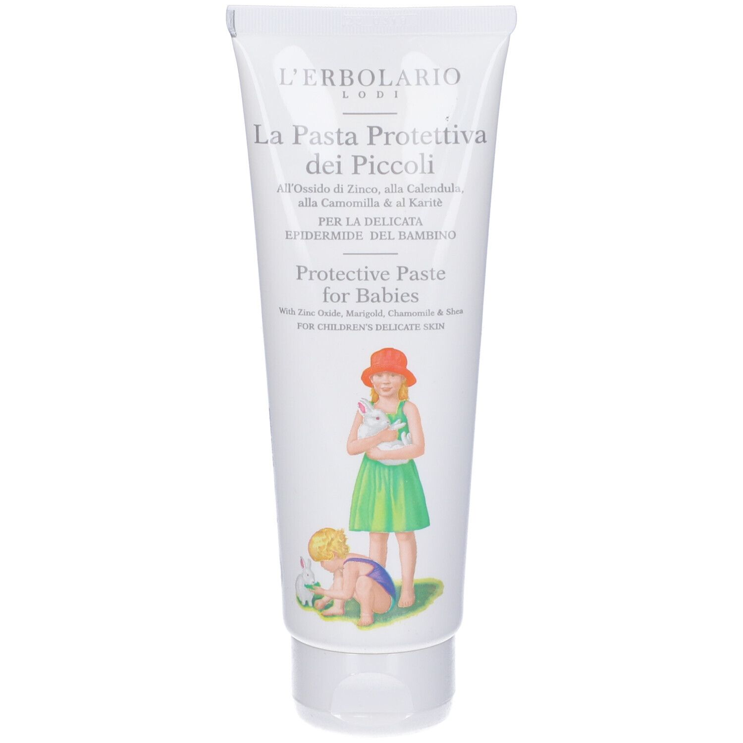 Tubo con illustrazione. Testo: La Pasta Protettiva dei Piccoli. Illustrazione: Bambini con conigli. 125 ml.