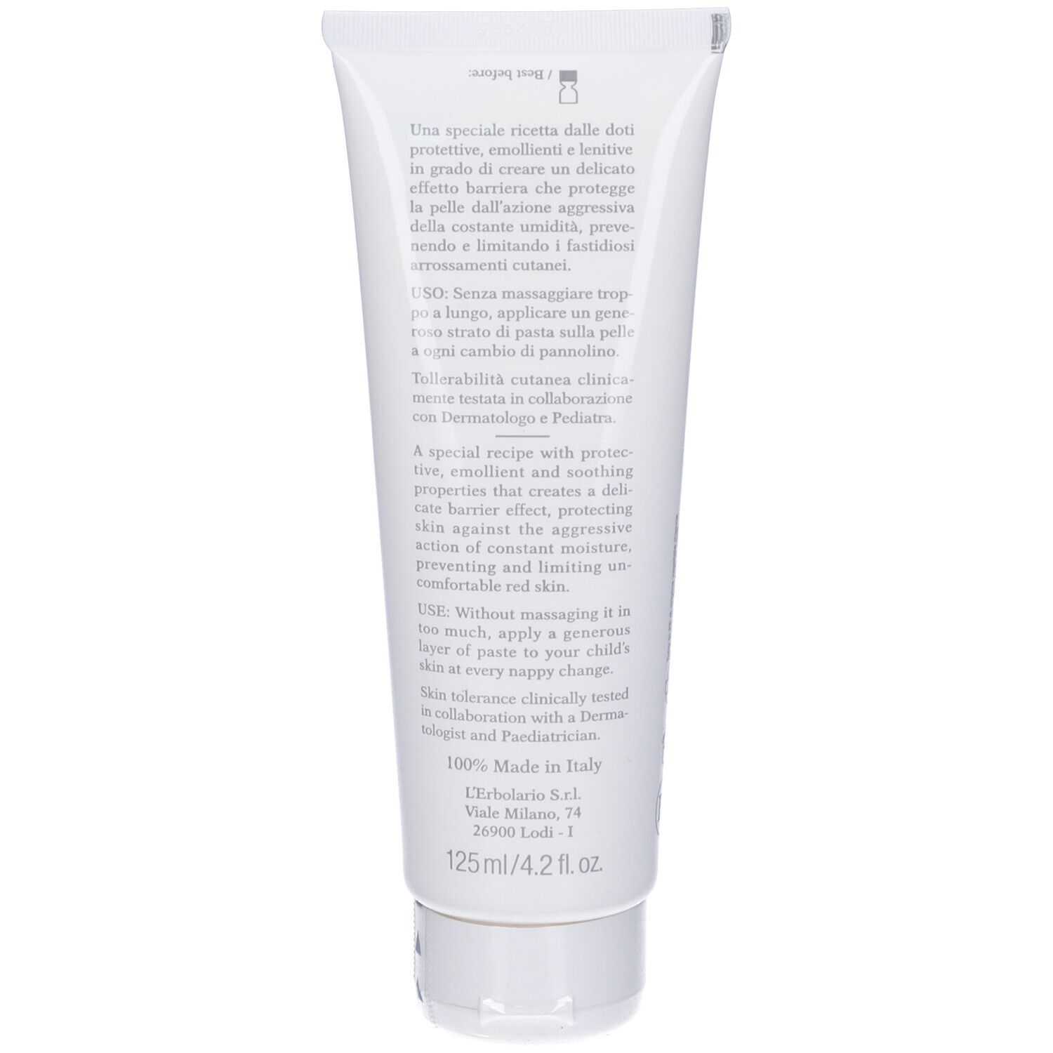 Tubo bianco con testo. Testo: Una ricetta speciale con proprietà protettive. 125 ml.