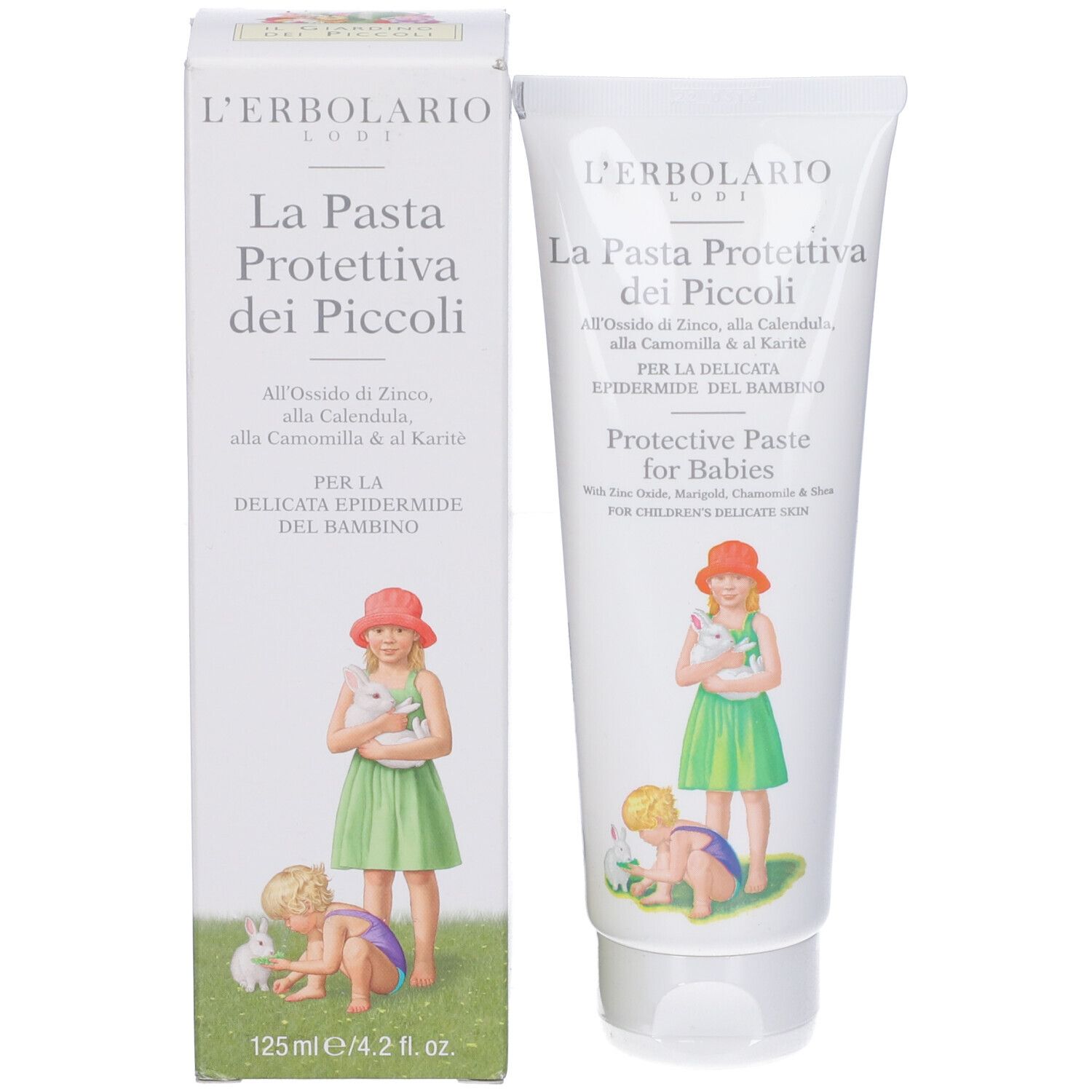 Prodotto e confezione. Testo: La Pasta Protettiva dei Piccoli. Illustrazione: Bambini con conigli. 125 ml.