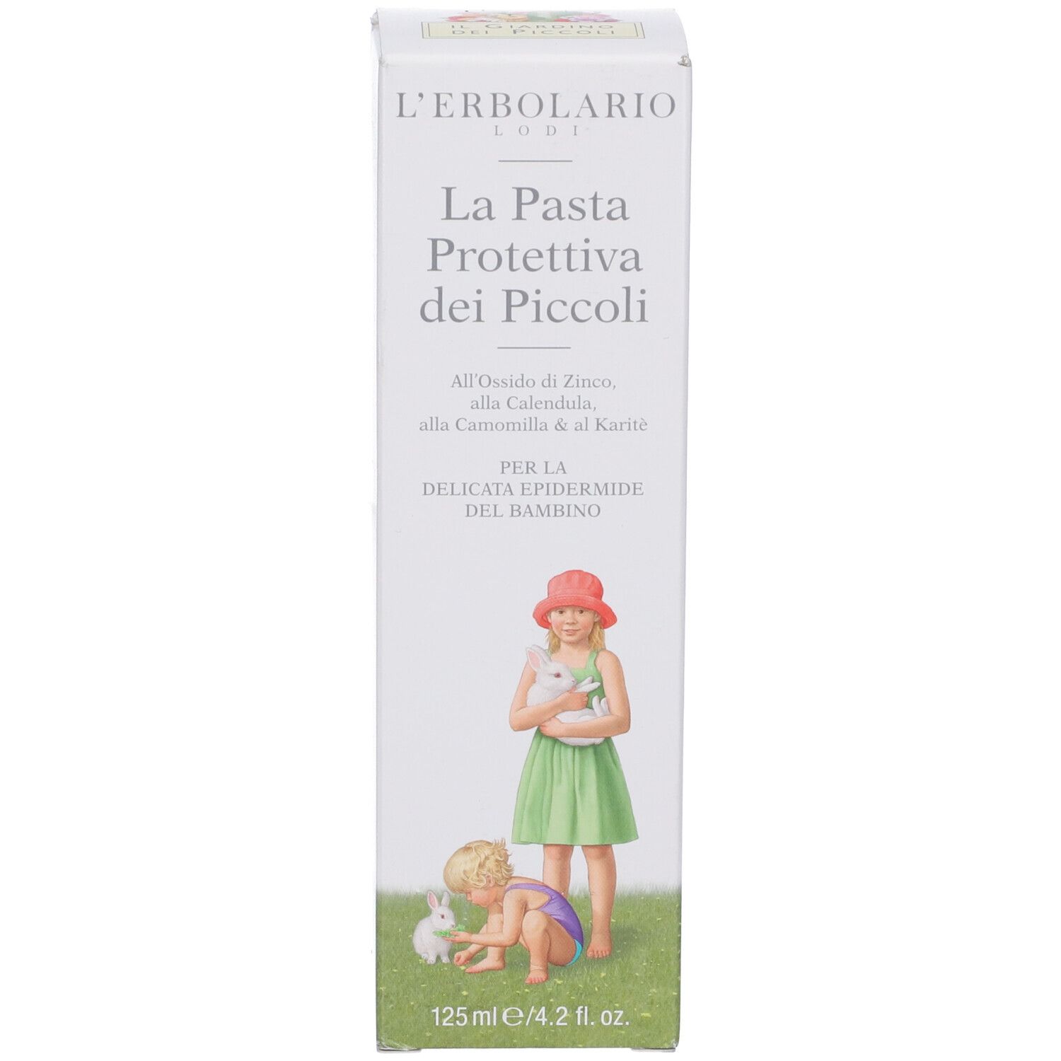 Confezione in cartone. Testo: La Pasta Protettiva dei Piccoli. Illustrazione: Bambini con conigli. 125 ml.