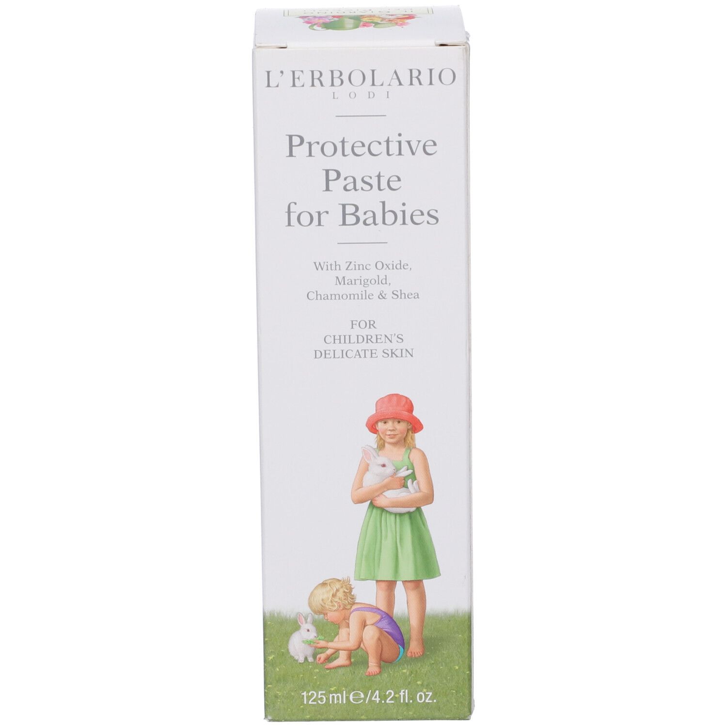 Confezione in cartone. Testo: Protective Paste for Babies. Illustrazione: Bambini con conigli. 125 ml.