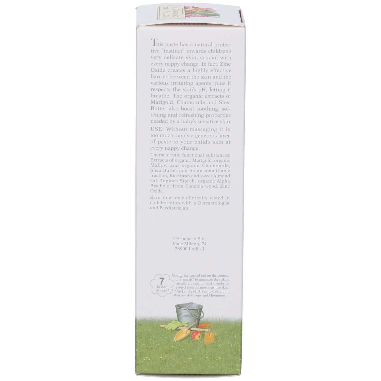 Confezione in cartone. Testo. Ingredienti, istruzioni per l'uso. 125 ml. Dermatologicamente testato.