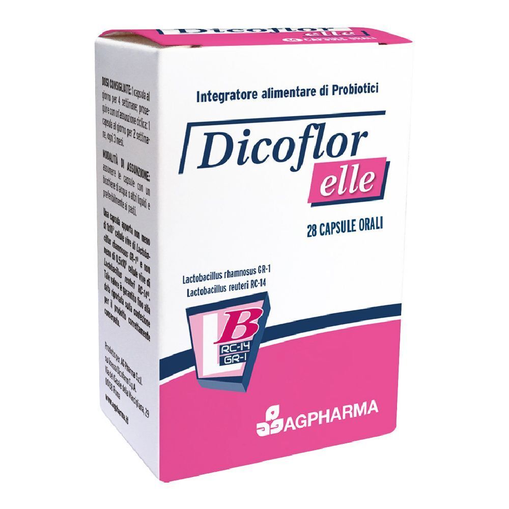 Karton von Dicoflor Elle. Enthält 28 Kapseln. Aufschrift: Integratore alimentare di Probiotici. Rosa und weißes Design.