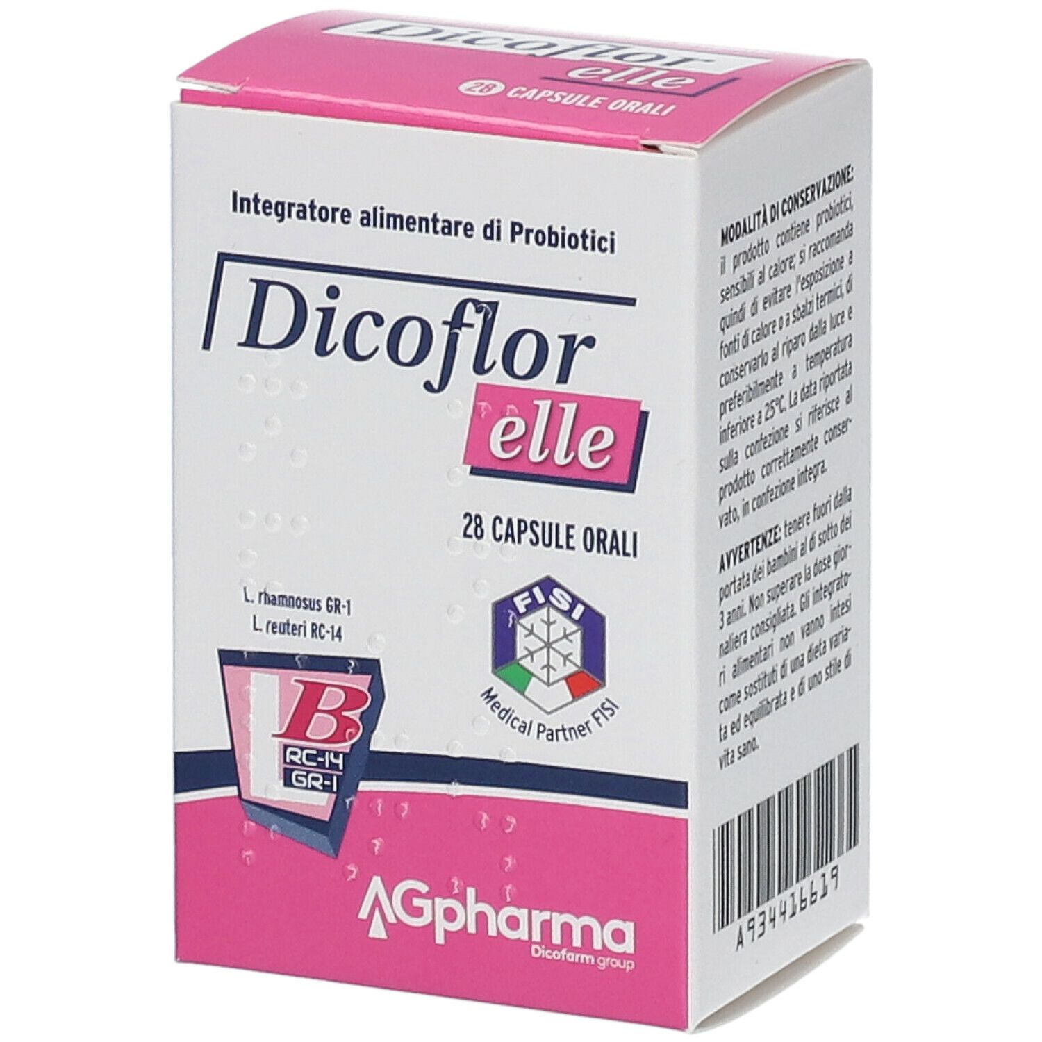 Karton von Dicoflor Elle. Enthält 28 Kapseln. Aufschrift: Integratore alimentare di Probiotici. Mit Fisi Medical Partner Logo.