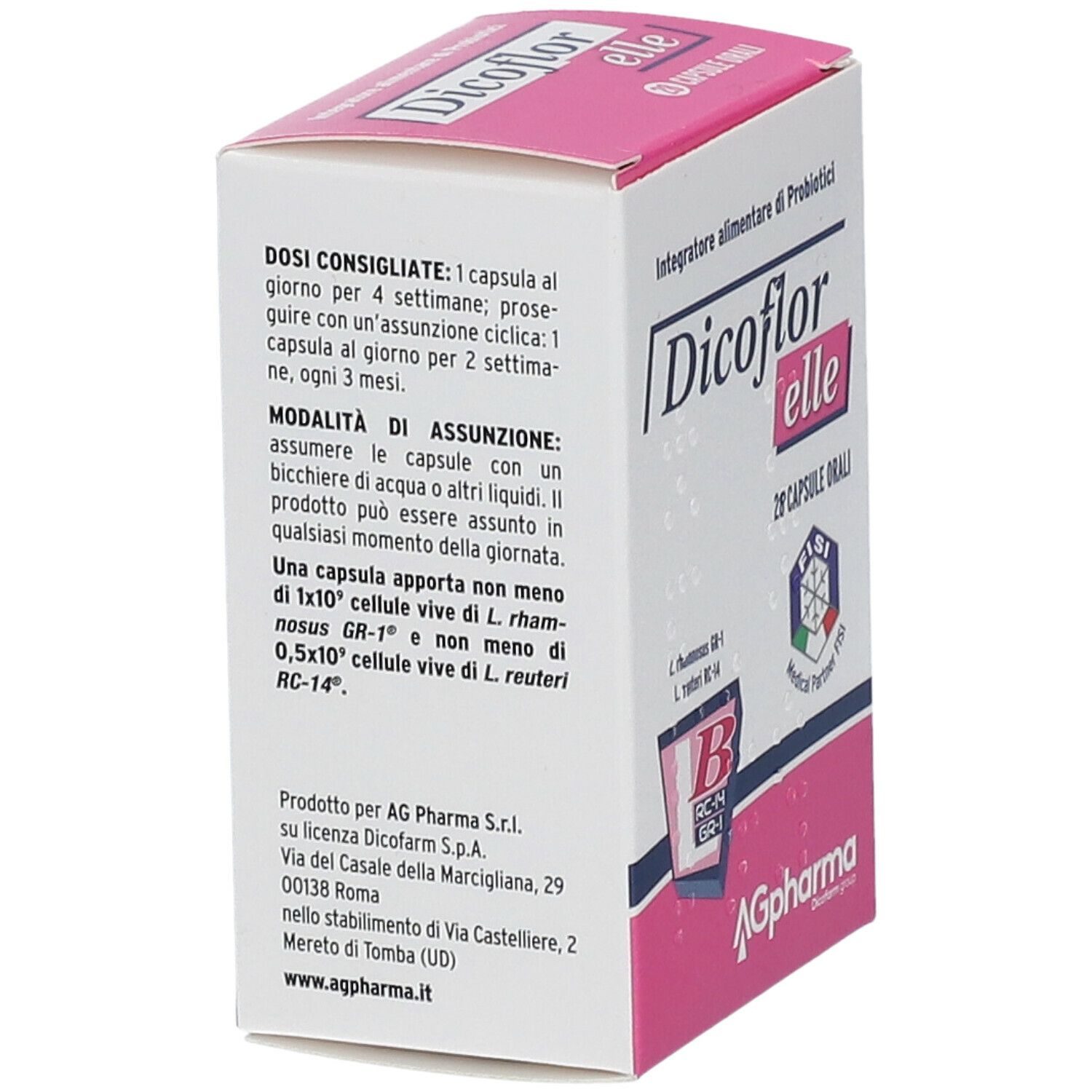 Karton von Dicoflor Elle. Enthält 28 Kapseln. Aufschrift: Integratore alimentare di Probiotici. Rückseite mit Inhaltsangaben.