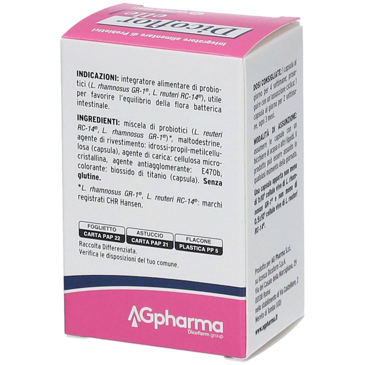 Karton von Dicoflor Elle. Enthält 28 Kapseln. Aufschrift: Integratore alimentare di Probiotici. Rückseite mit Inhaltsangaben.