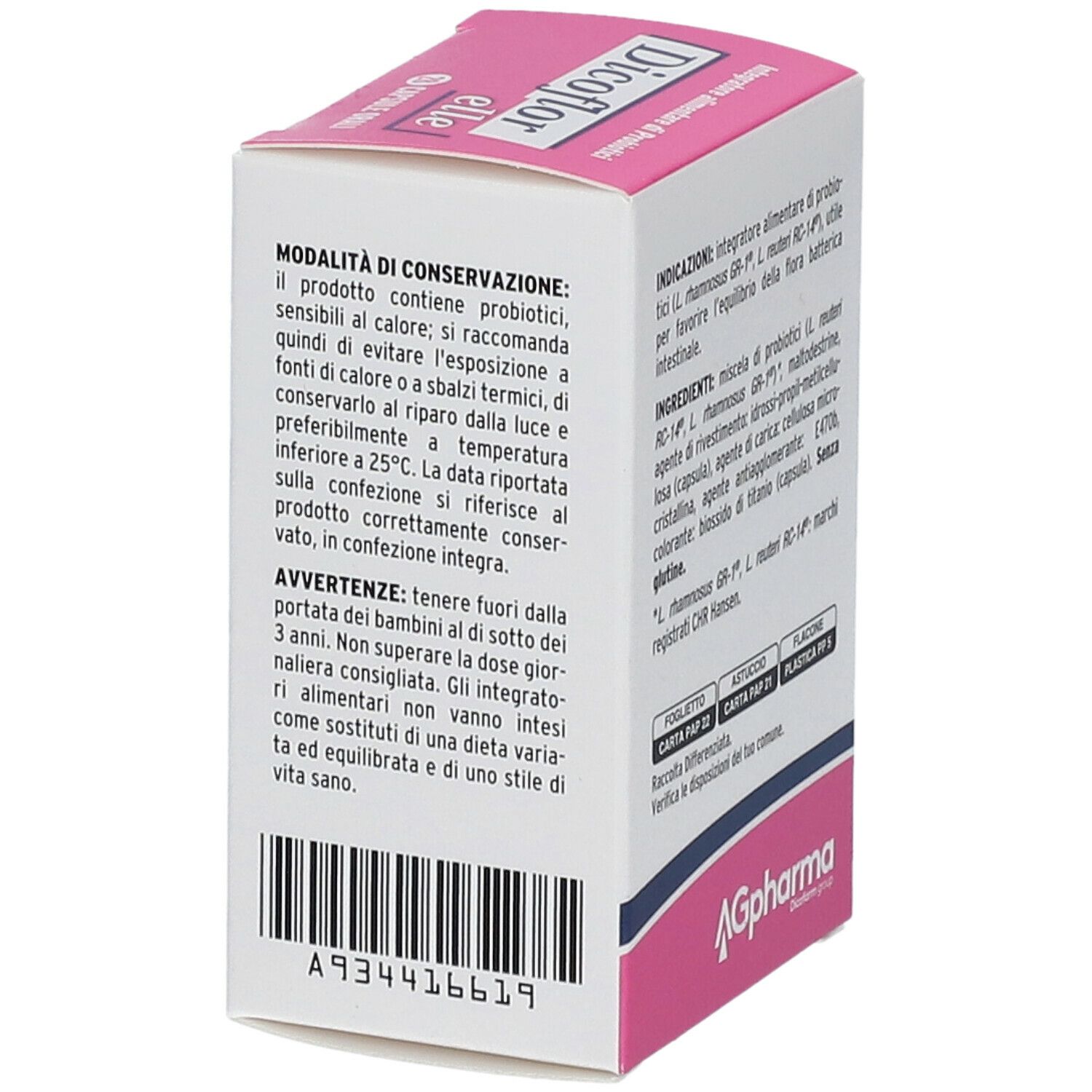 Karton von Dicoflor Elle. Enthält 28 Kapseln. Aufschrift: Integratore alimentare di Probiotici. Rückseite mit Inhaltsangaben.