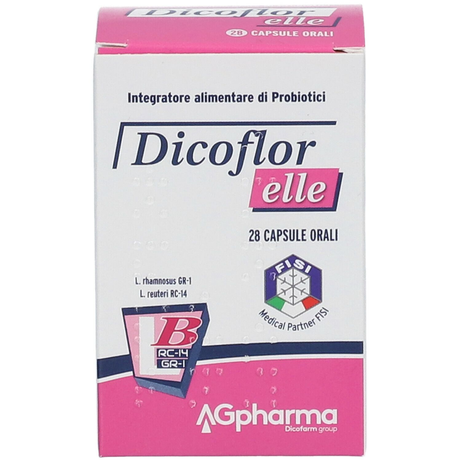 Karton von Dicoflor Elle. Enthält 28 Kapseln. Aufschrift: Integratore alimentare di Probiotici. Mit Fisi Medical Partner Logo.