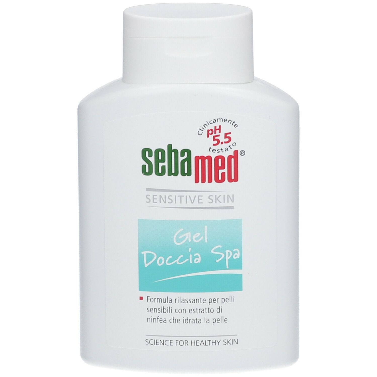 Flacone bianco Sebamed Gel Doccia Spa. Logo verde e rosso. Scritta: Sensitive Skin, pH 5.5.