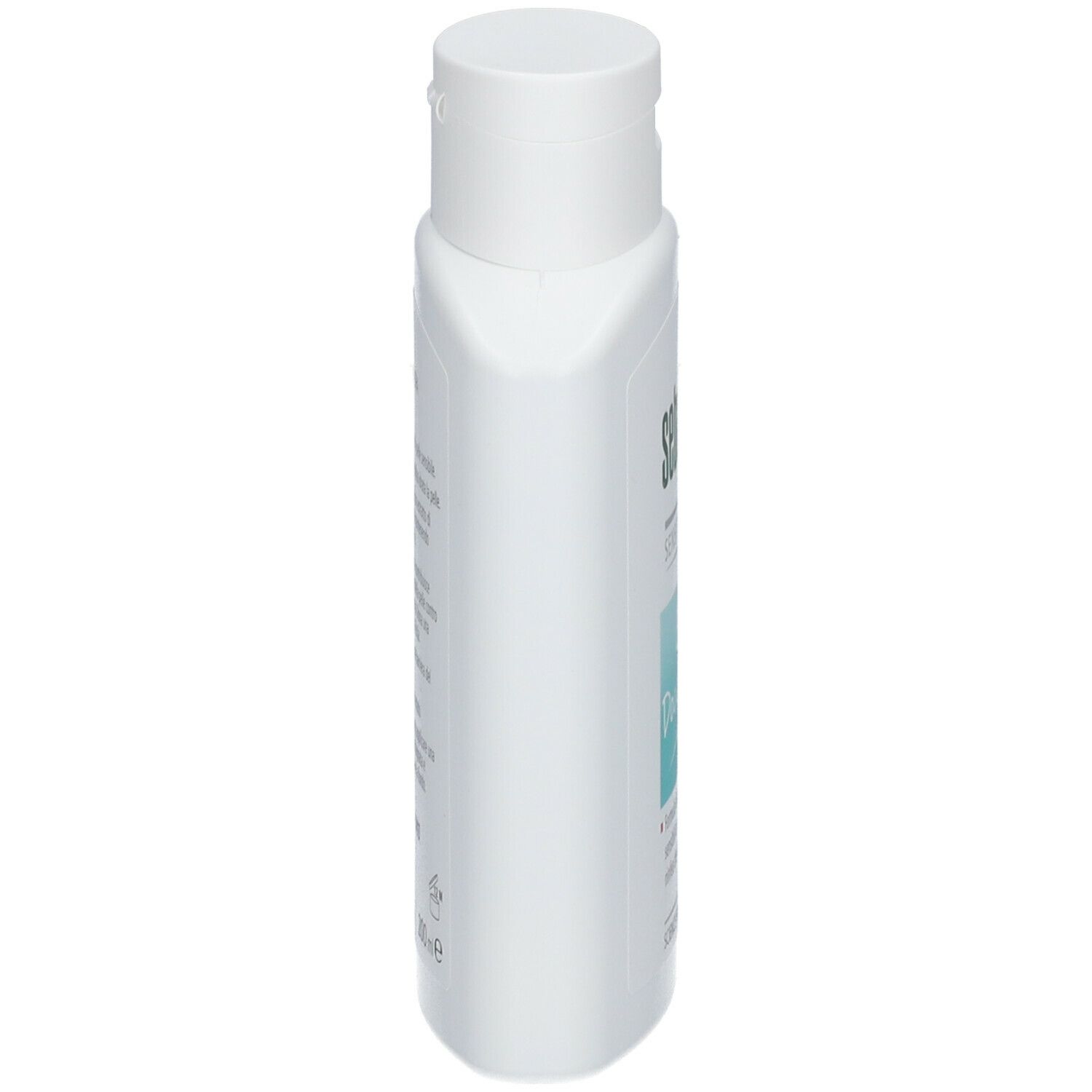 Flacone bianco Sebamed, vista laterale. Tappo. Testo sul flacone.