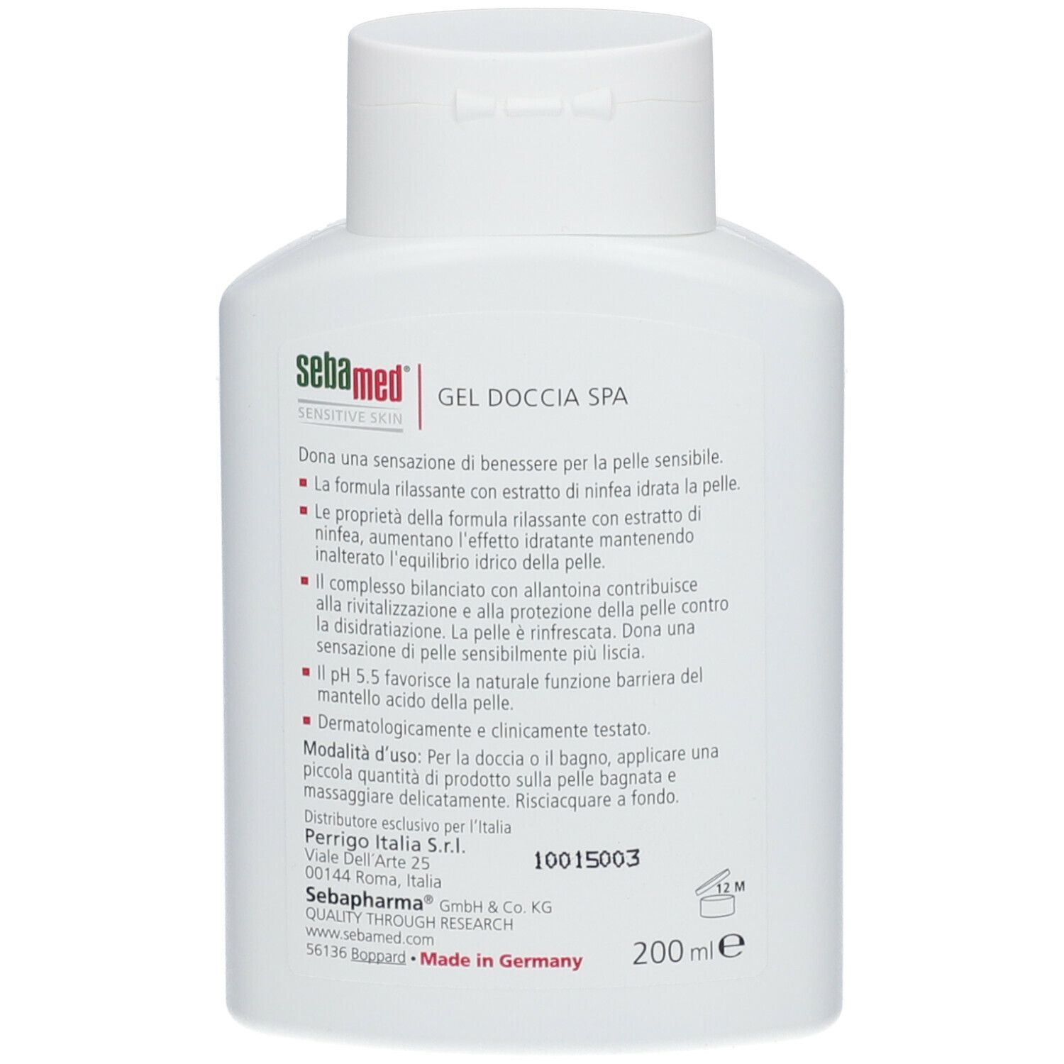 Retro del flacone bianco Sebamed. Testo con informazioni sul prodotto e logo.