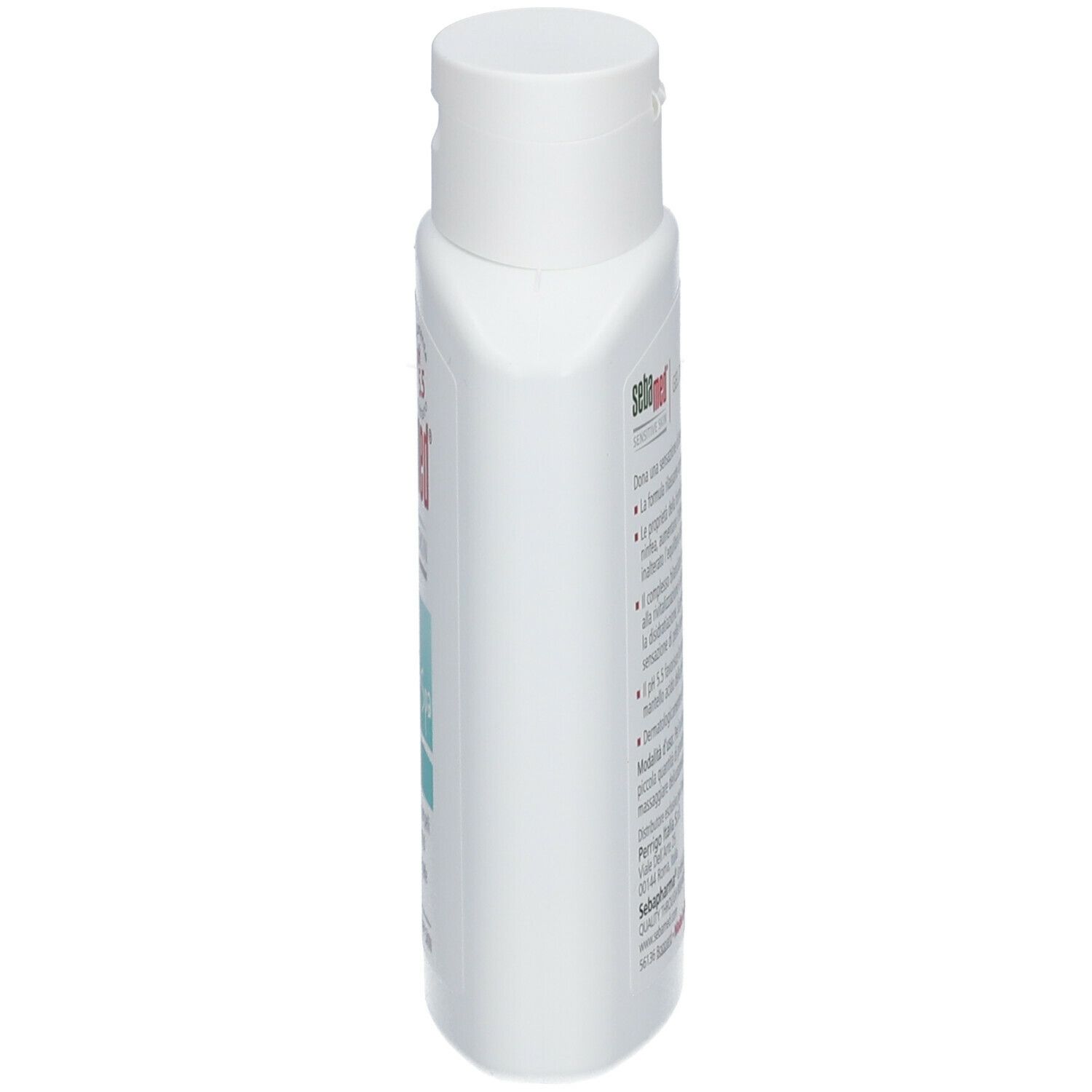 Sebamed Gel Doccia Spa, vista laterale. Flacone con tappo. Testo.