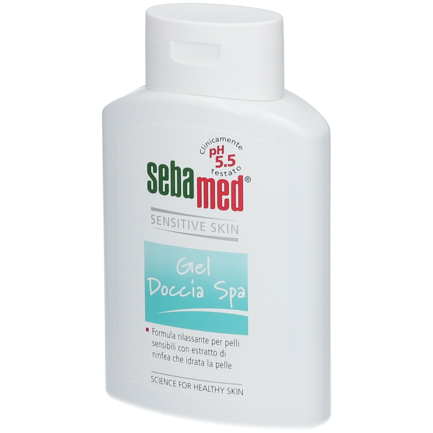 Flacone bianco Sebamed Gel Doccia Spa. Logo verde e rosso. Scritta: Sensitive Skin, pH 5.5.