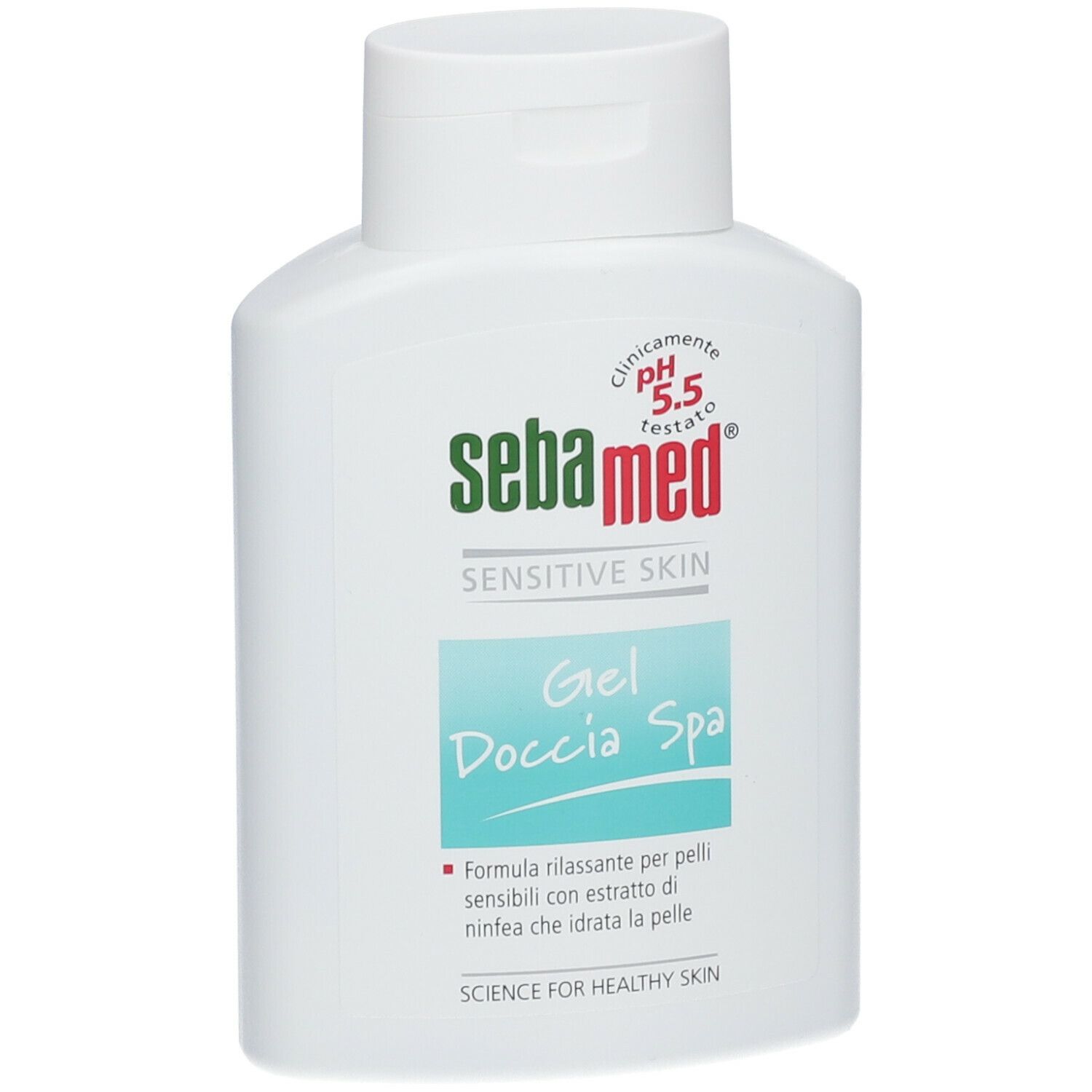 Flacone bianco Sebamed Gel Doccia Spa. Logo verde e rosso. Scritta: Sensitive Skin, pH 5.5.