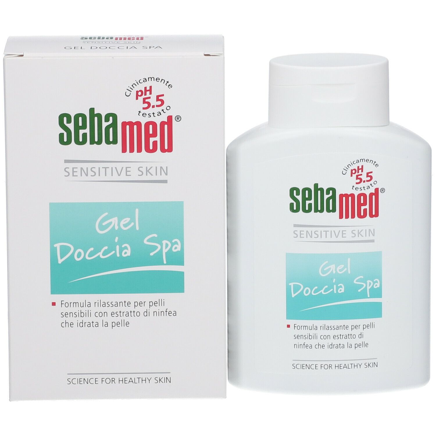 Sebamed Gel Doccia Spa e confezione. Flacone bianco e scatola con logo e testo.