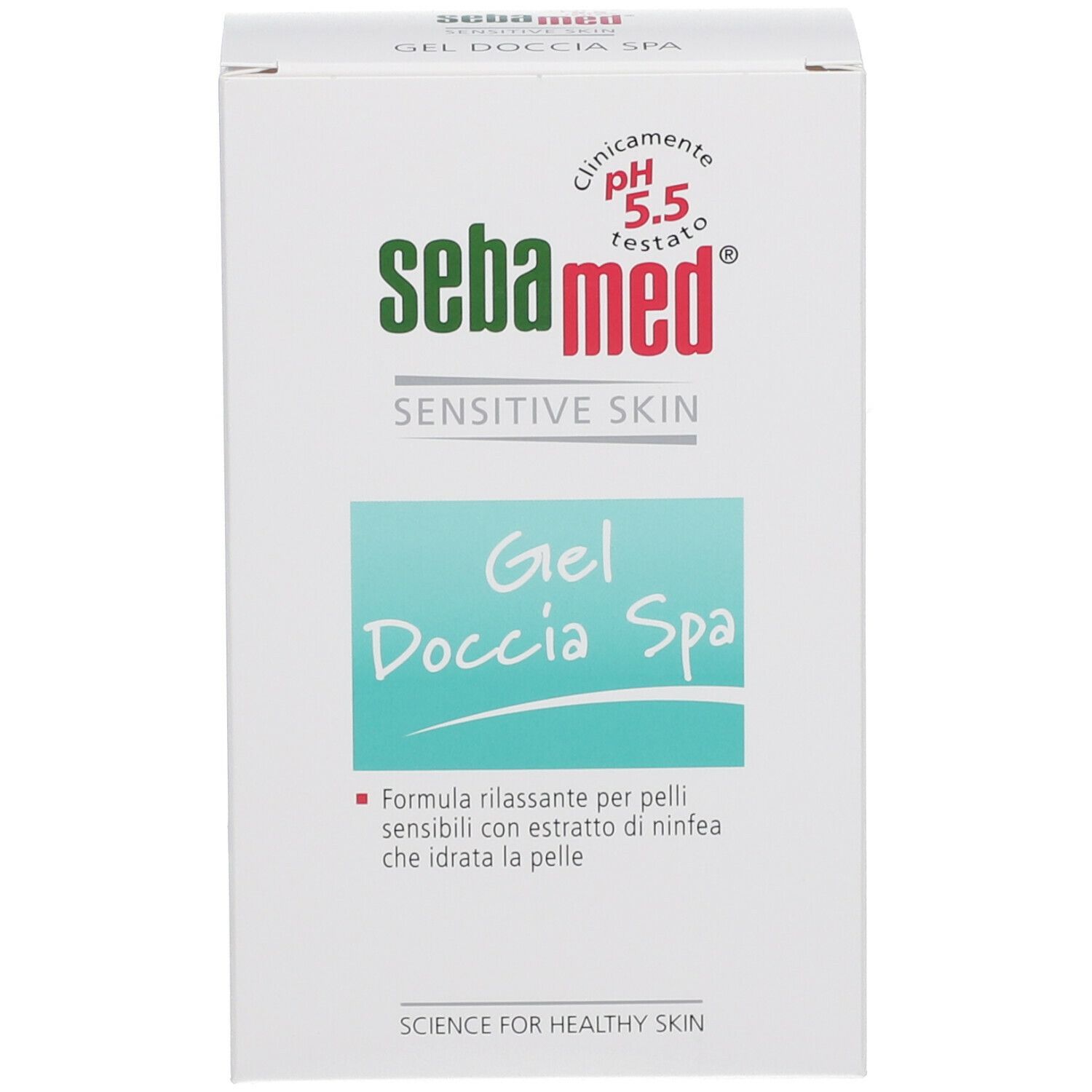 Confezione di Sebamed Gel Doccia Spa. Scatola bianca con logo e informazioni.