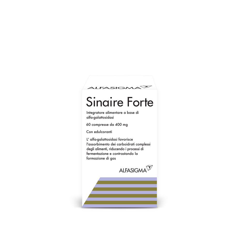 Scatola con informazioni sul prodotto. Scritto: Sinaire Forte, 60 compresse, 400 mg. Marchio: AlfaSigma.