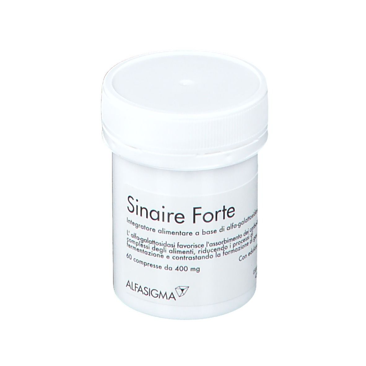 Barattolo bianco con scritta: Sinaire Forte. 60 compresse da 400 mg. Marchio: AlfaSigma.