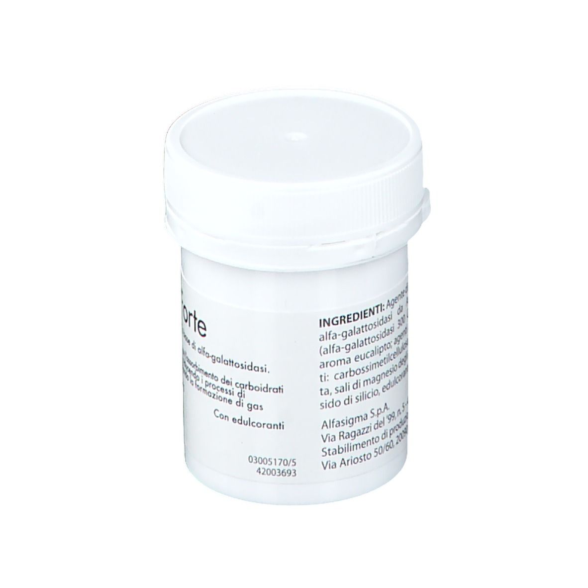 Barattolo bianco. Scritto: Sinaire Forte. 60 compresse da 400 mg. Marchio: AlfaSigma. Retro con ingredienti.