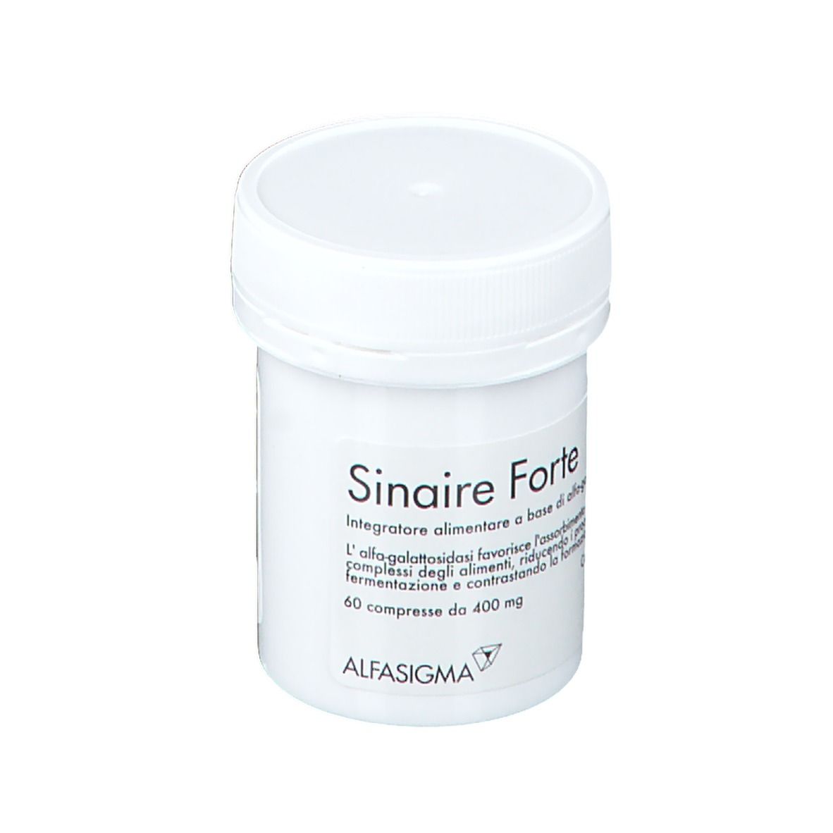 Barattolo bianco con scritta: Sinaire Forte. 60 compresse da 400 mg. Marchio: AlfaSigma.