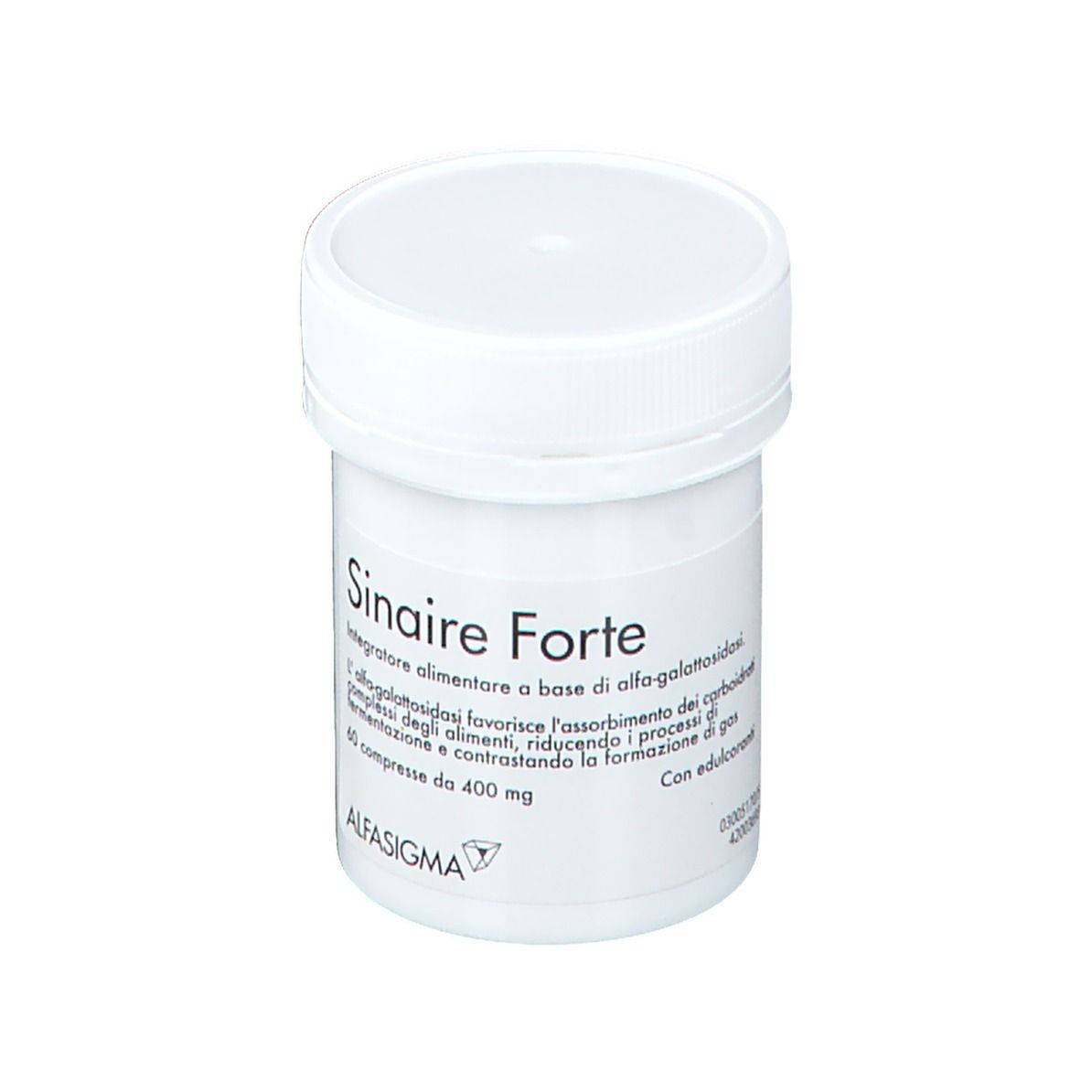 Barattolo bianco con scritta: Sinaire Forte. 60 compresse da 400 mg. Marchio: AlfaSigma.