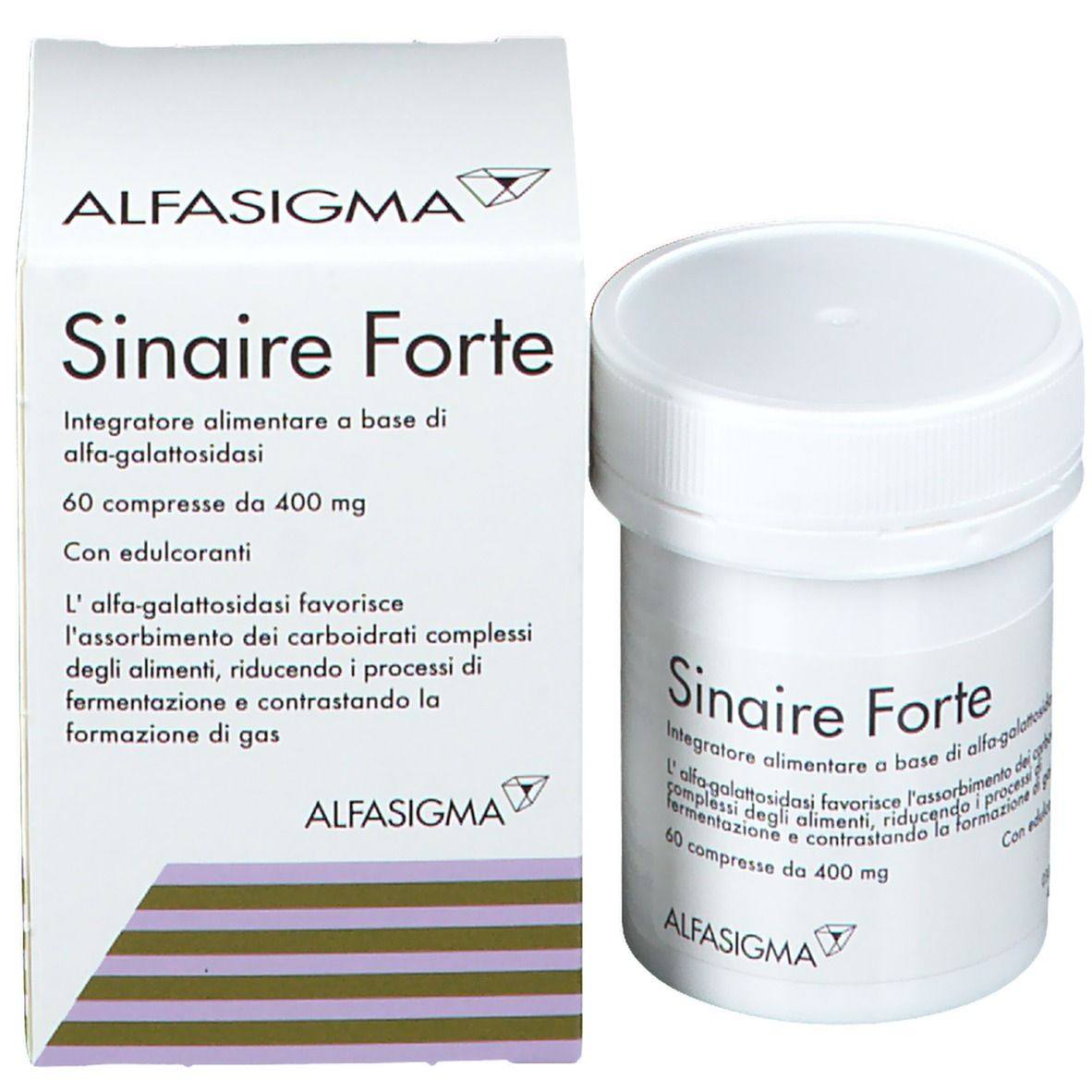 Confezione del prodotto e barattolo. Scritto: Sinaire Forte, 60 compresse, 400 mg. Marchio: AlfaSigma.