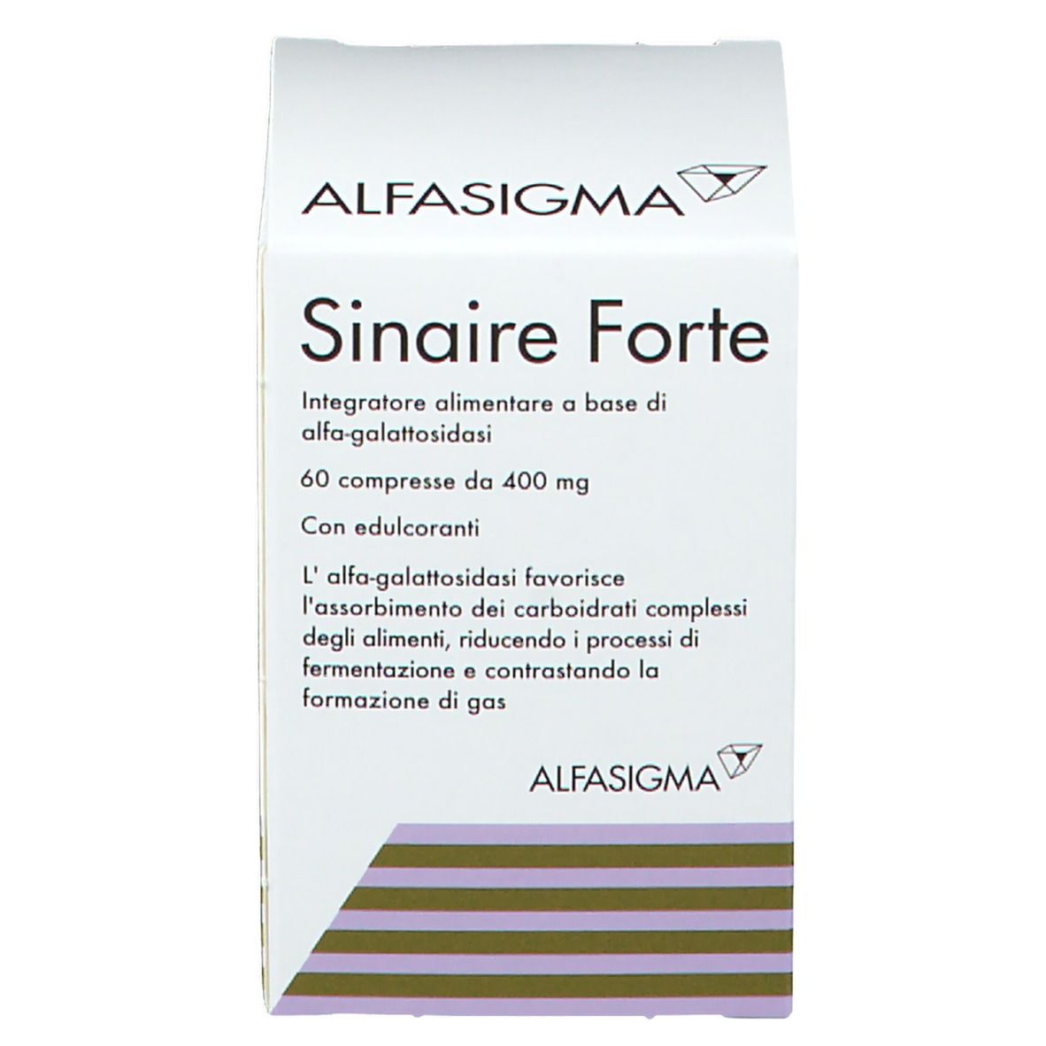 Confezione del prodotto. Scritto: Sinaire Forte, 60 compresse, 400 mg. Marchio: AlfaSigma.