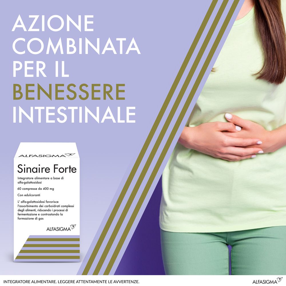 Immagine pubblicitaria. Testo: Azione combinata per il benessere intestinale. Confezione del prodotto Sinaire Forte.