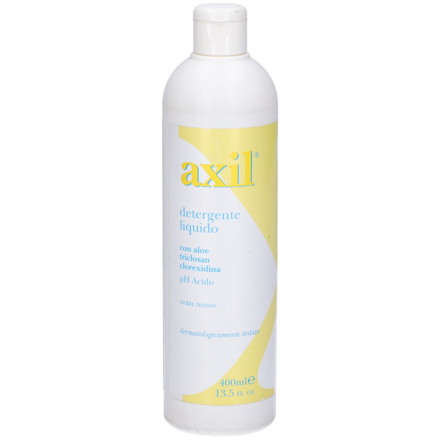 Flacone bianco con etichetta gialla. Nome prodotto 'axil' e 'detergente liquido'.