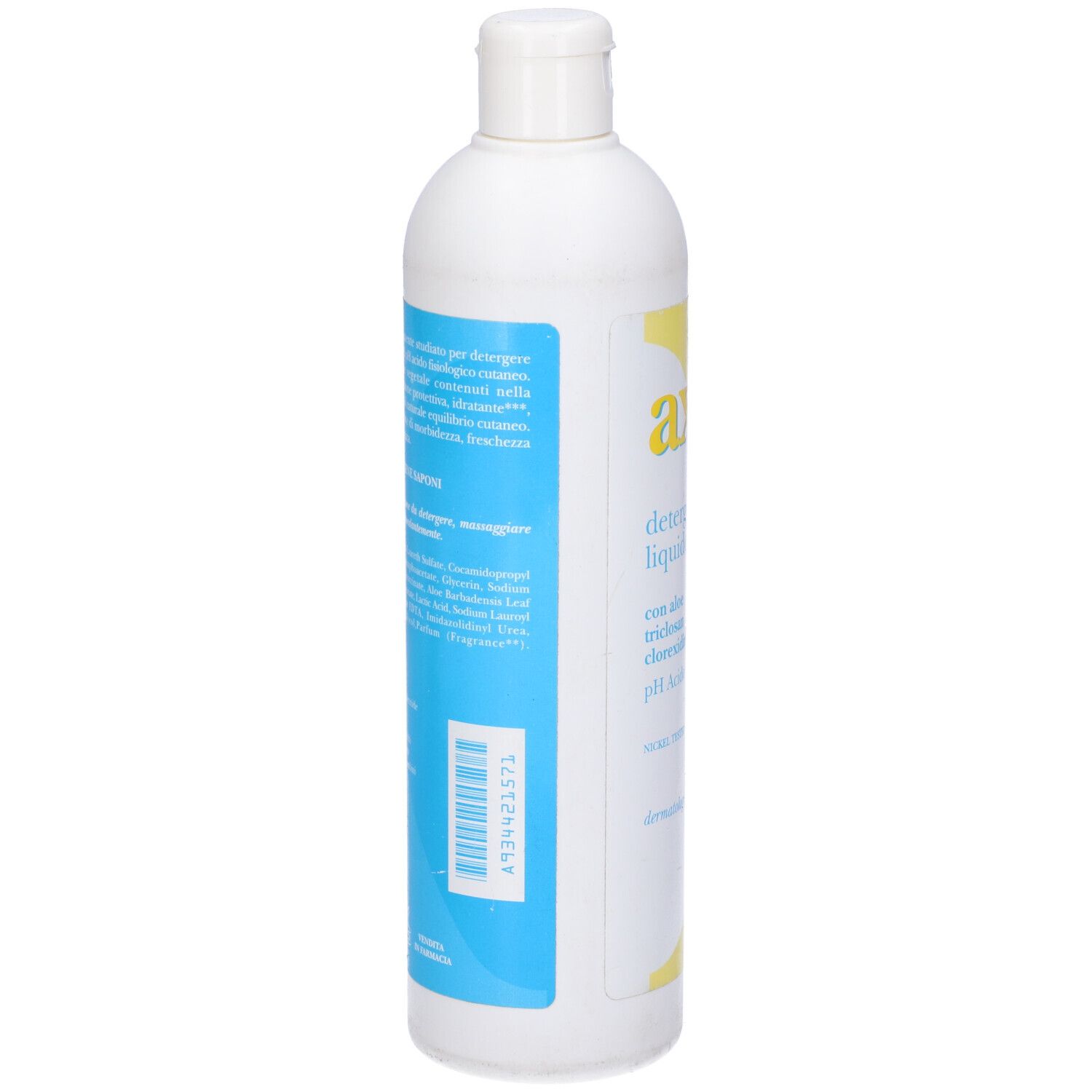Retro del flacone bianco. Etichetta blu con testo e codice a barre.