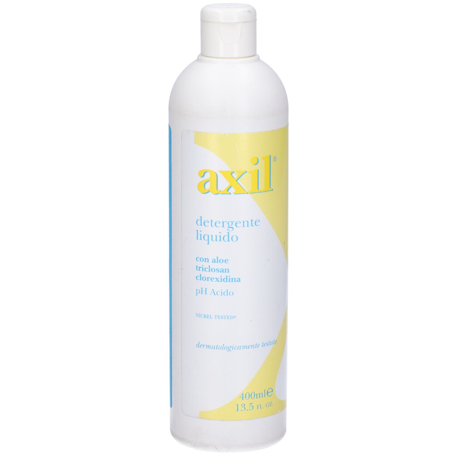Flacone bianco con etichetta gialla. Nome prodotto 'axil' e 'detergente liquido'.