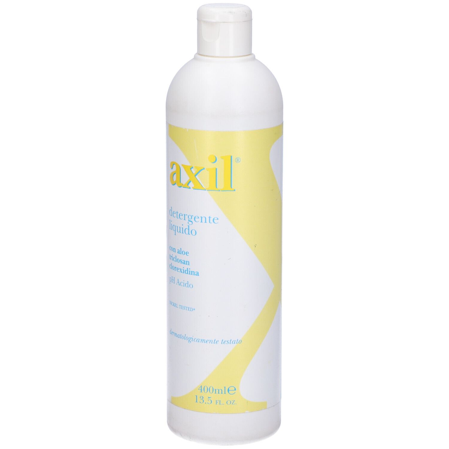 Flacone bianco con etichetta gialla. Nome prodotto 'axil' e 'detergente liquido'.