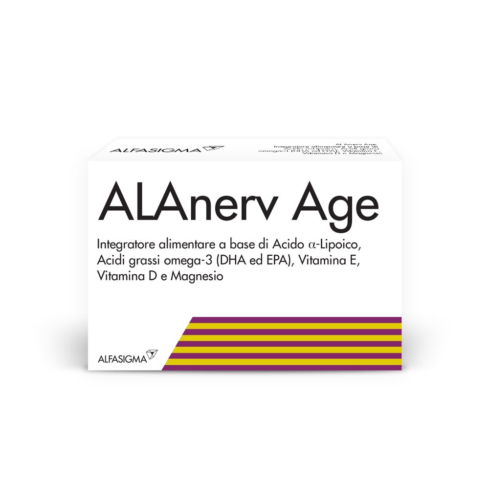 ALAnerv Age. Weiße Schachtel mit Produktinformationen. Aufschrift: ALAnerv Age, Inhaltsstoffe, Marke ALFA SIGMA.