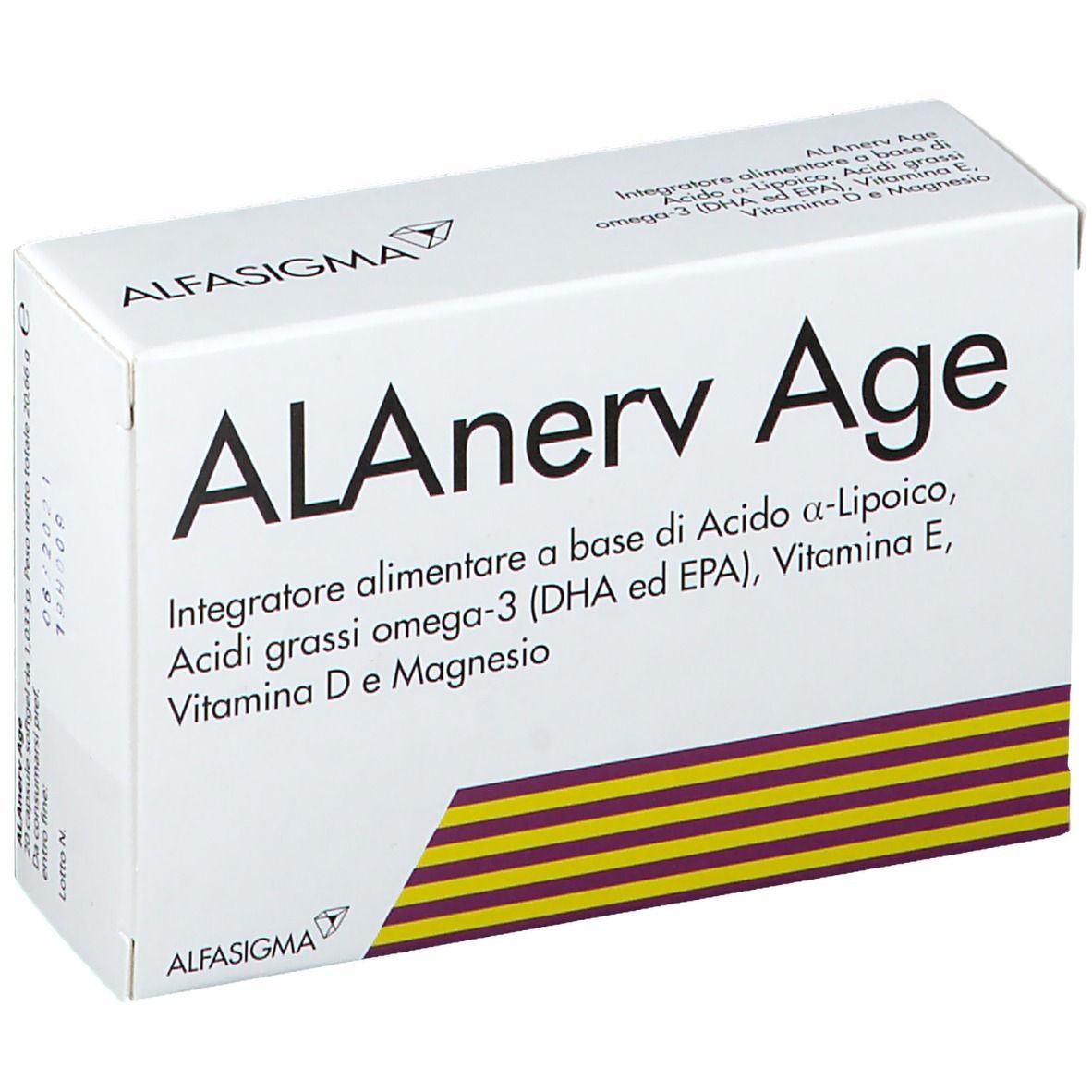 ALAnerv Age. Weiße Schachtel mit Produktinformationen. Aufschrift: ALAnerv Age, Inhaltsstoffe, Marke ALFA SIGMA.