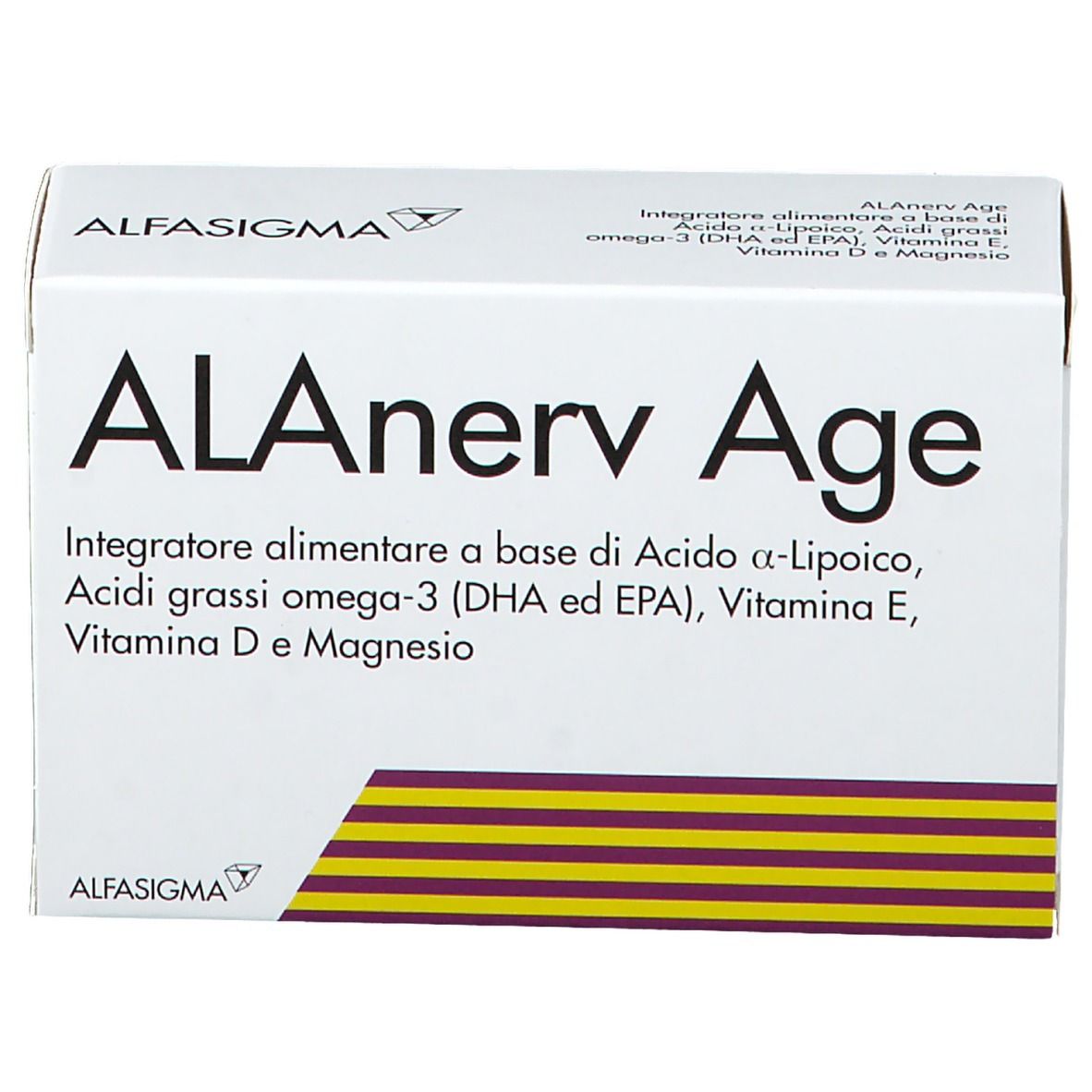 ALAnerv Age. Weiße Schachtel mit Produktinformationen. Aufschrift: ALAnerv Age, Inhaltsstoffe, Marke ALFA SIGMA.
