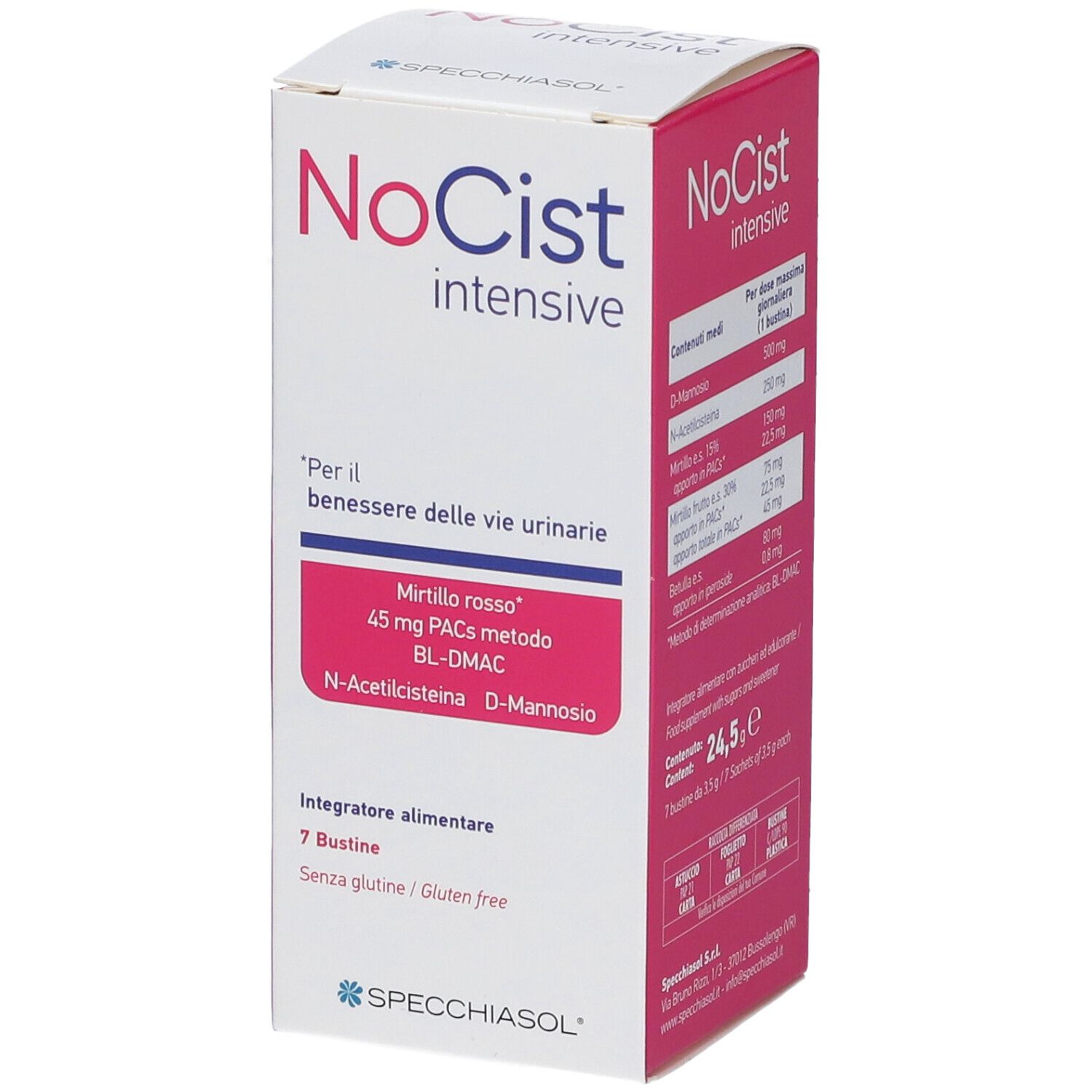 Karton mit Produktinformationen. Rosa und weiß. Text: NoCist intensive, 7 Beutel, glutenfrei.