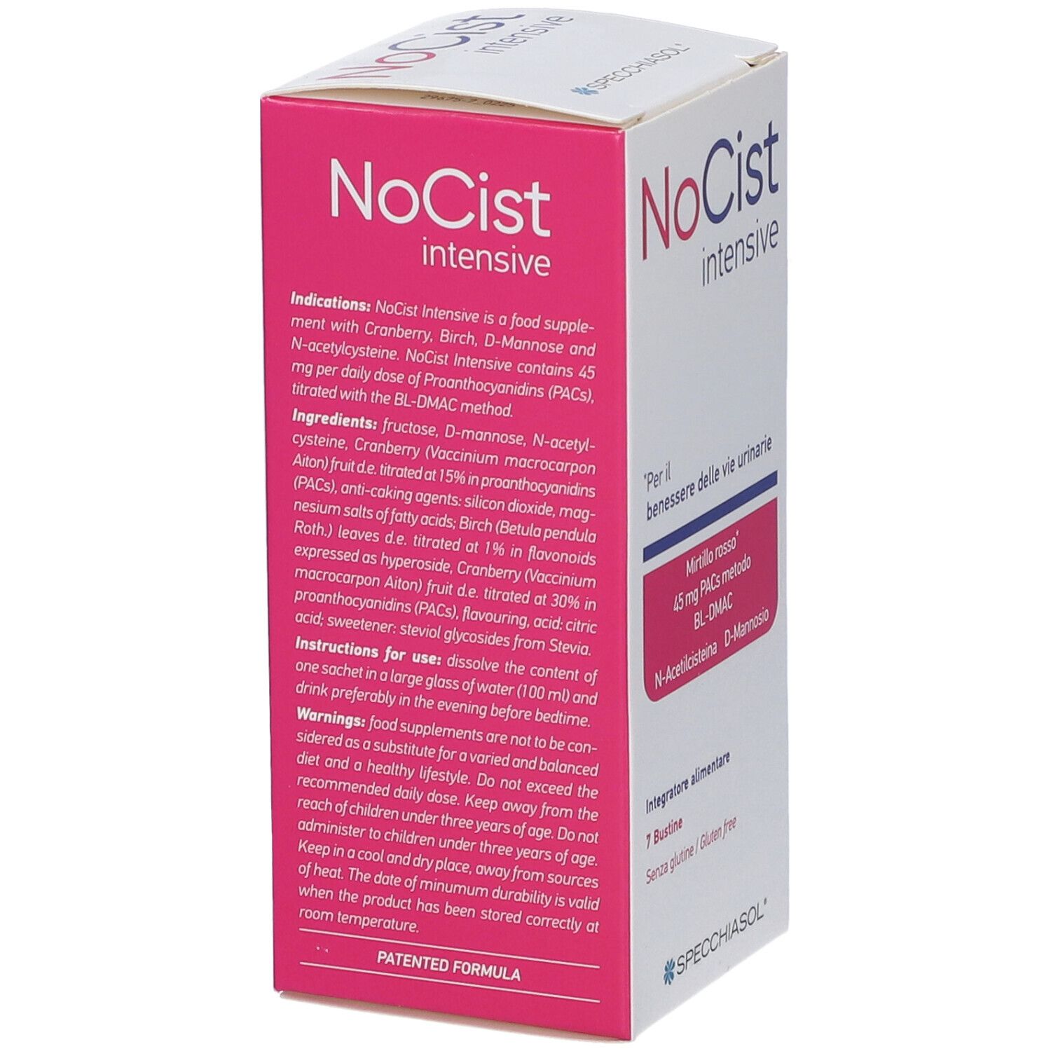 Produktverpackung mit Text. Rosa und weiß. Text: NoCist intensive, Inhaltsstoffe, Gebrauchsanweisung.