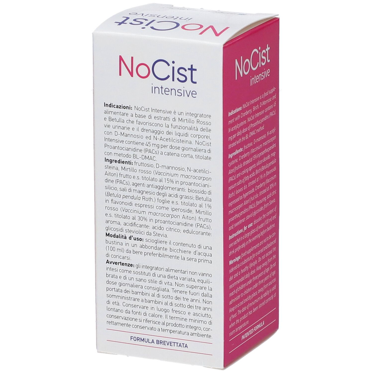 Produktverpackung mit Text. Rosa und weiß. Text: NoCist intensive, Inhaltsstoffe, Gebrauchsanweisung.