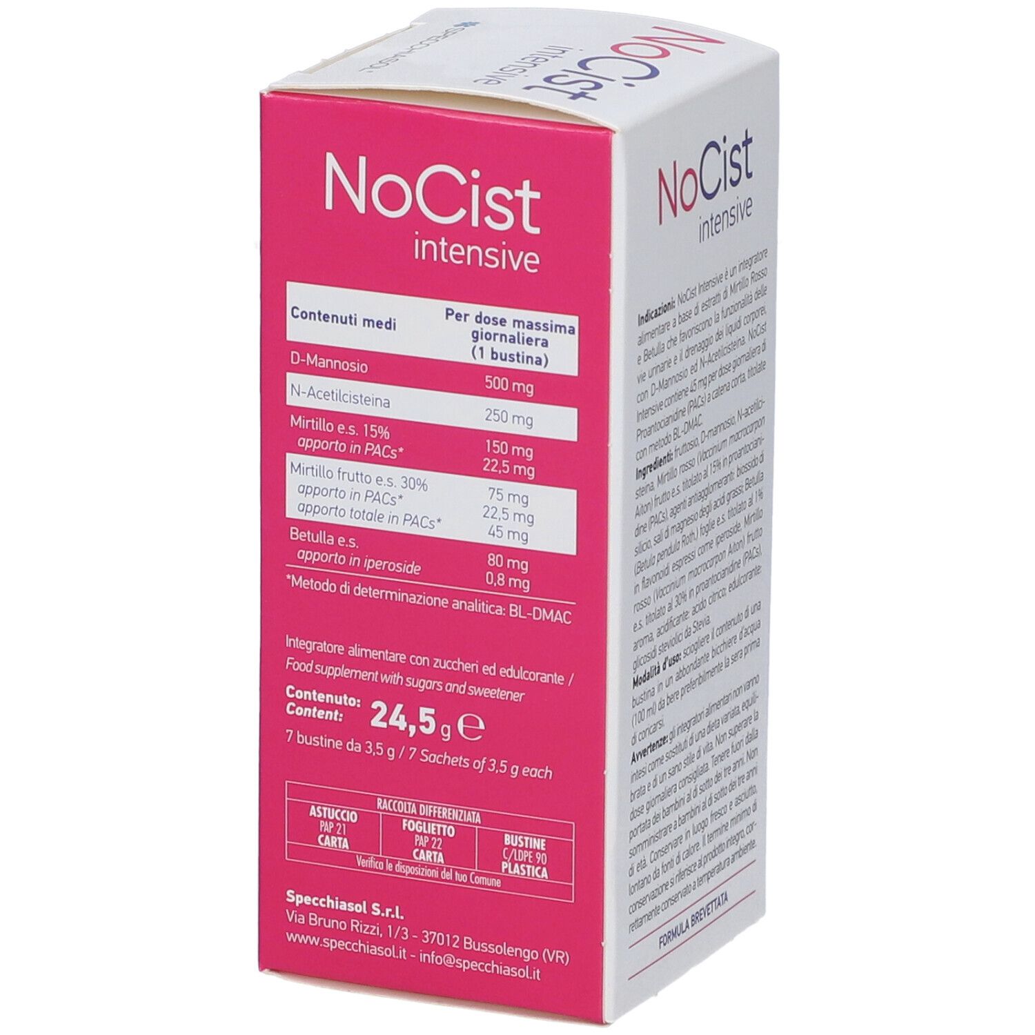 Produktverpackung mit Text. Rosa und weiß. Text: NoCist intensive, Inhaltsstoffe, Nährwertangaben.